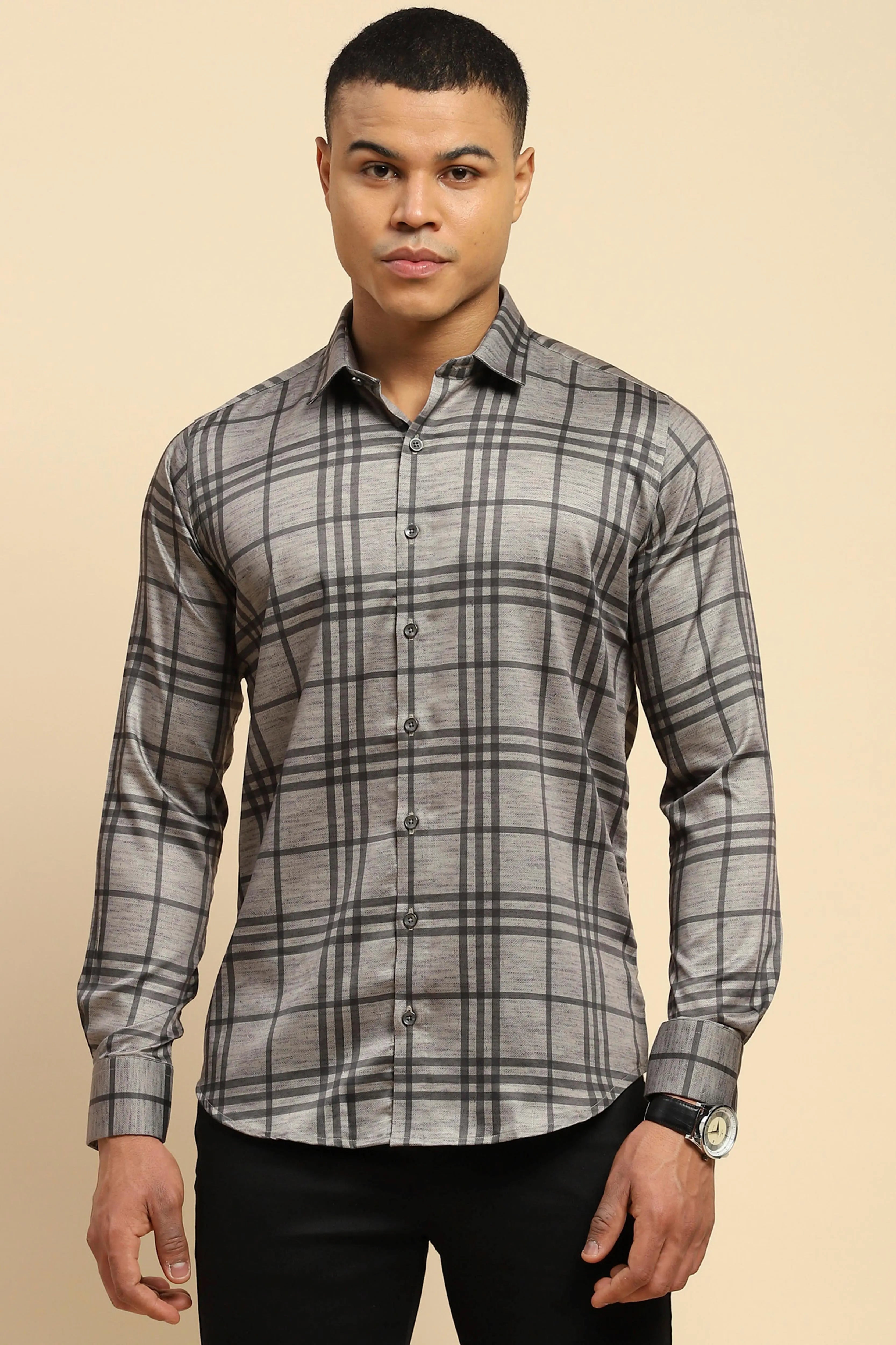 Grey Cotton Blend Tailored fit Shirt - Global Republic