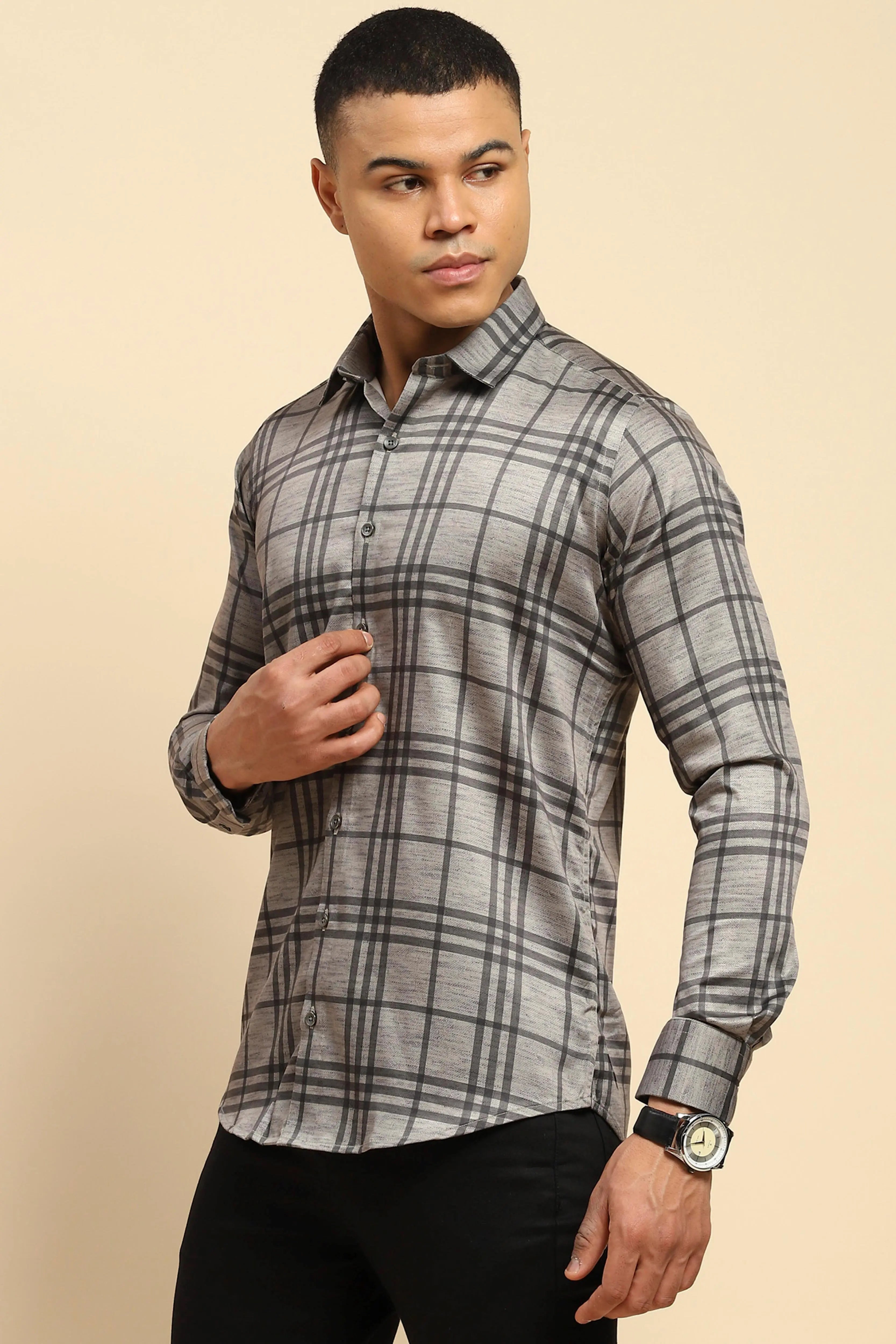 Grey Cotton Blend Tailored fit Shirt - Global Republic