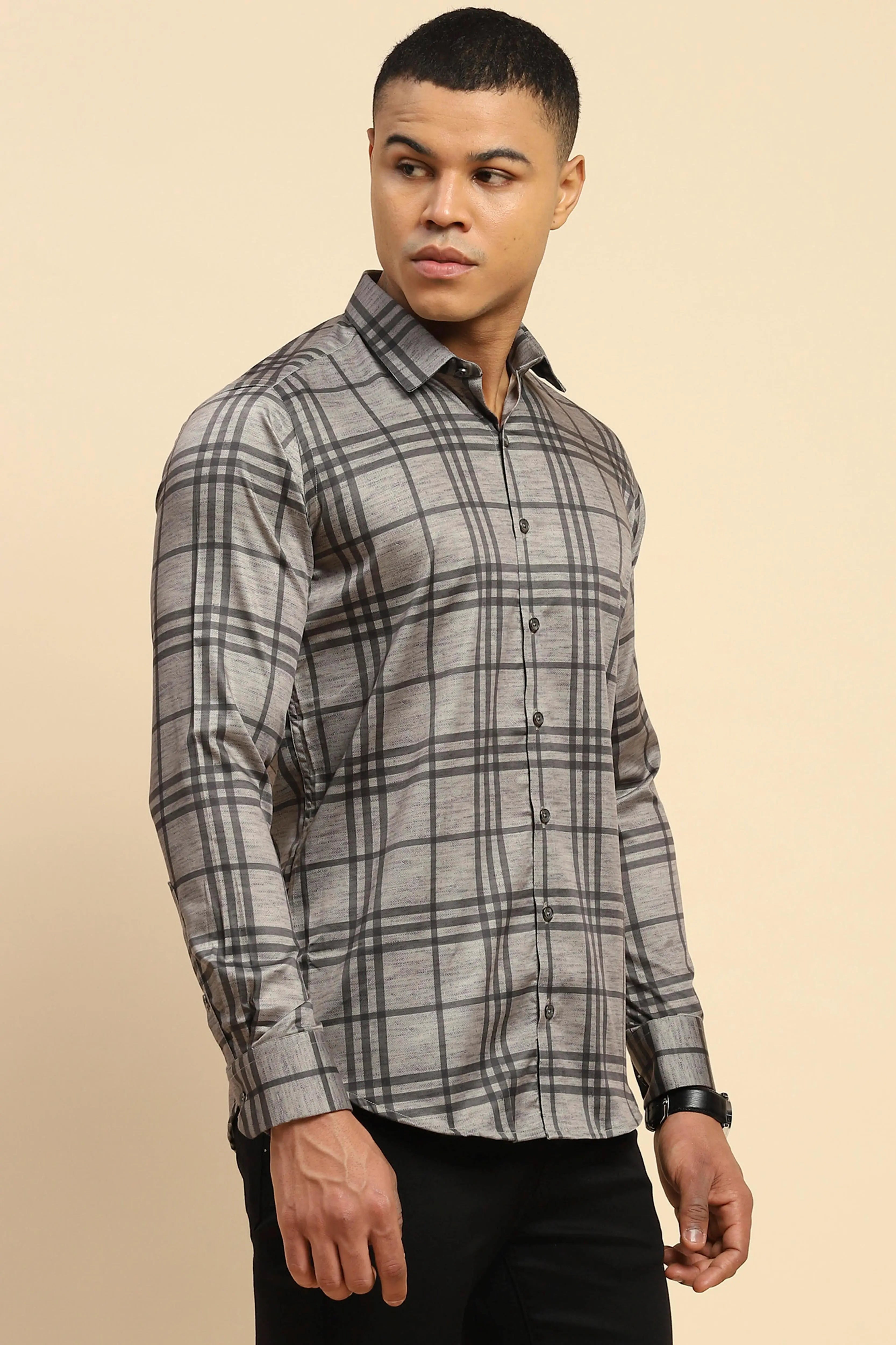 Grey Cotton Blend Tailored fit Shirt - Global Republic