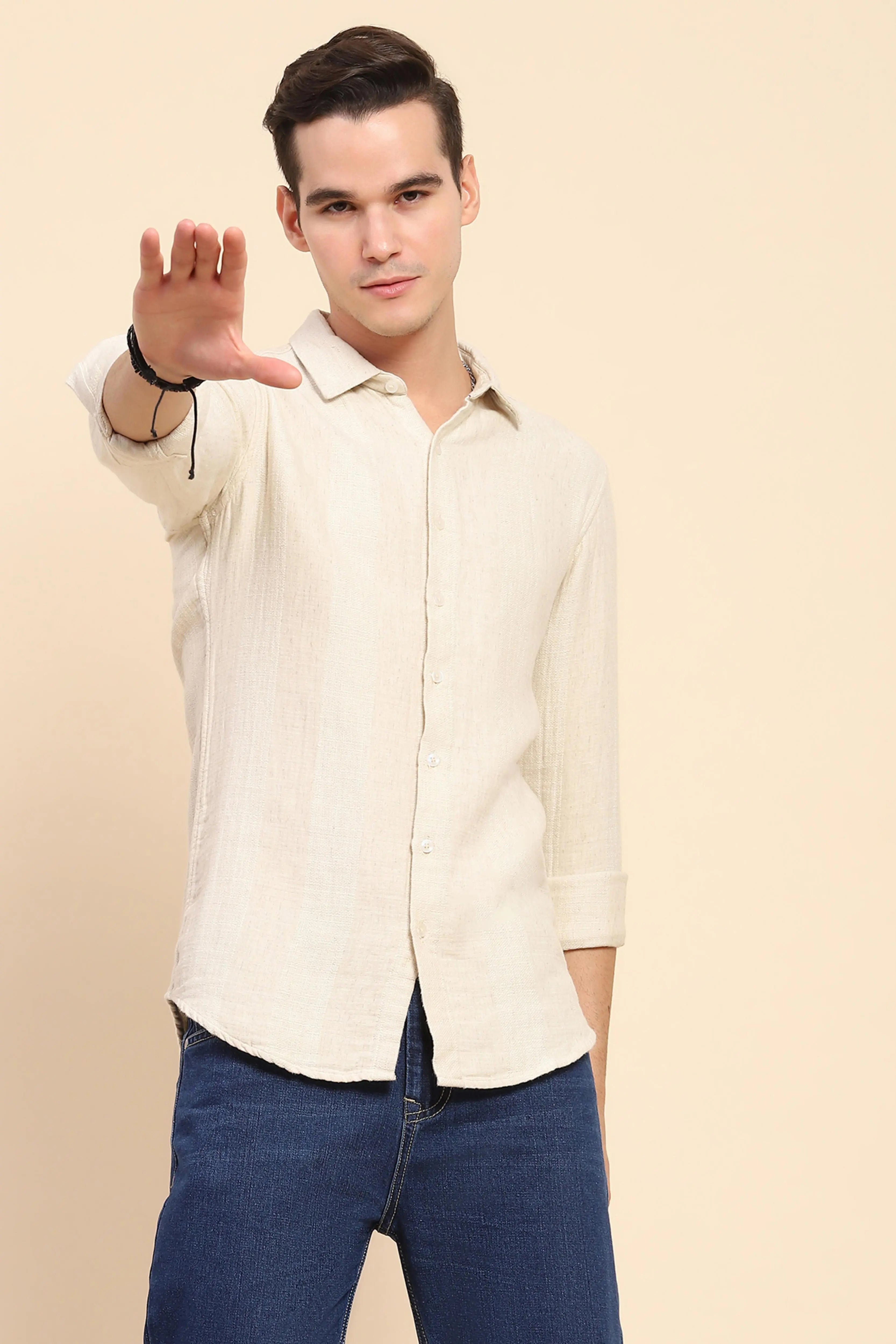 Beige Linen Blend Self Design Shirt - Global Republic