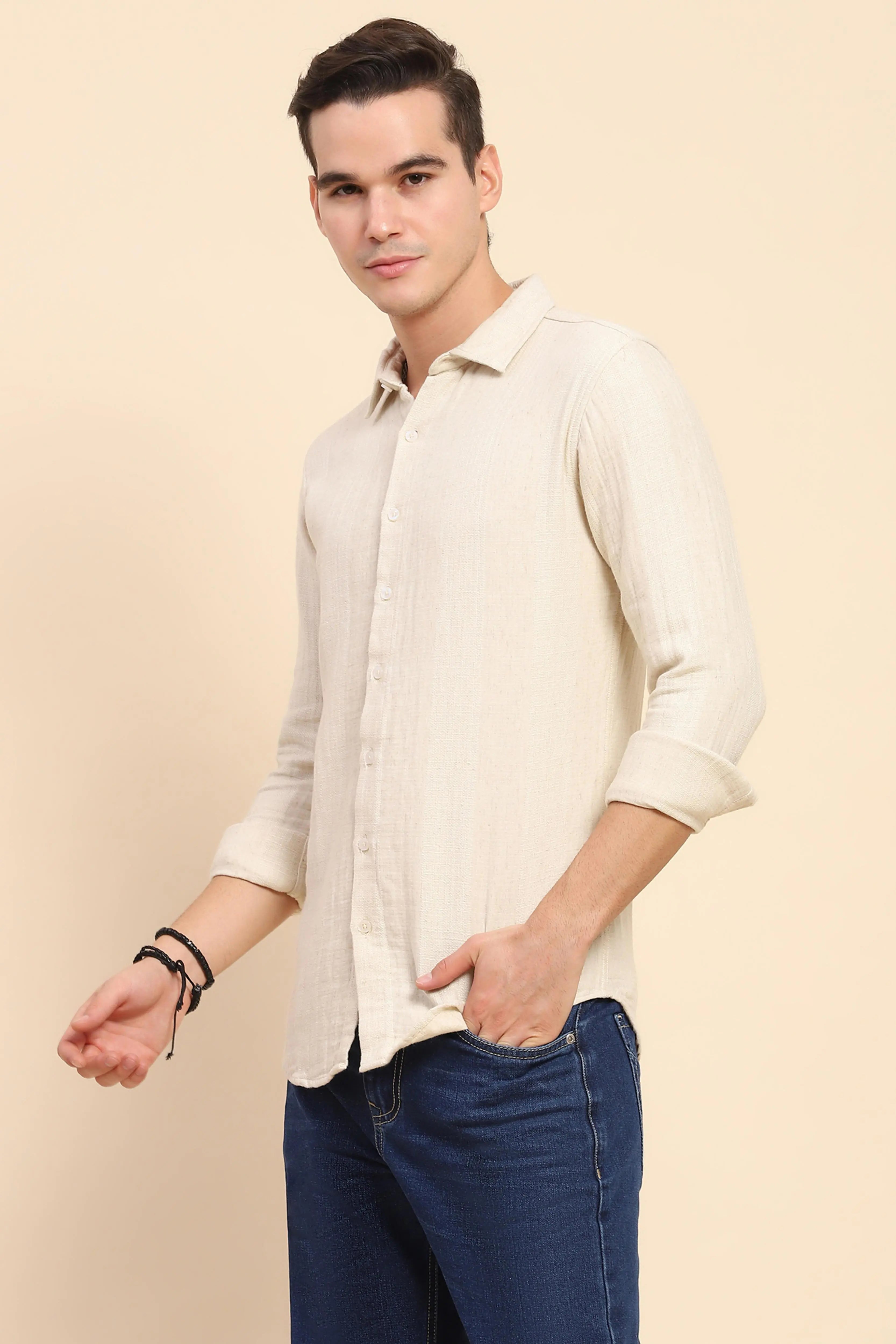 Beige Linen Blend Self Design Shirt - Global Republic