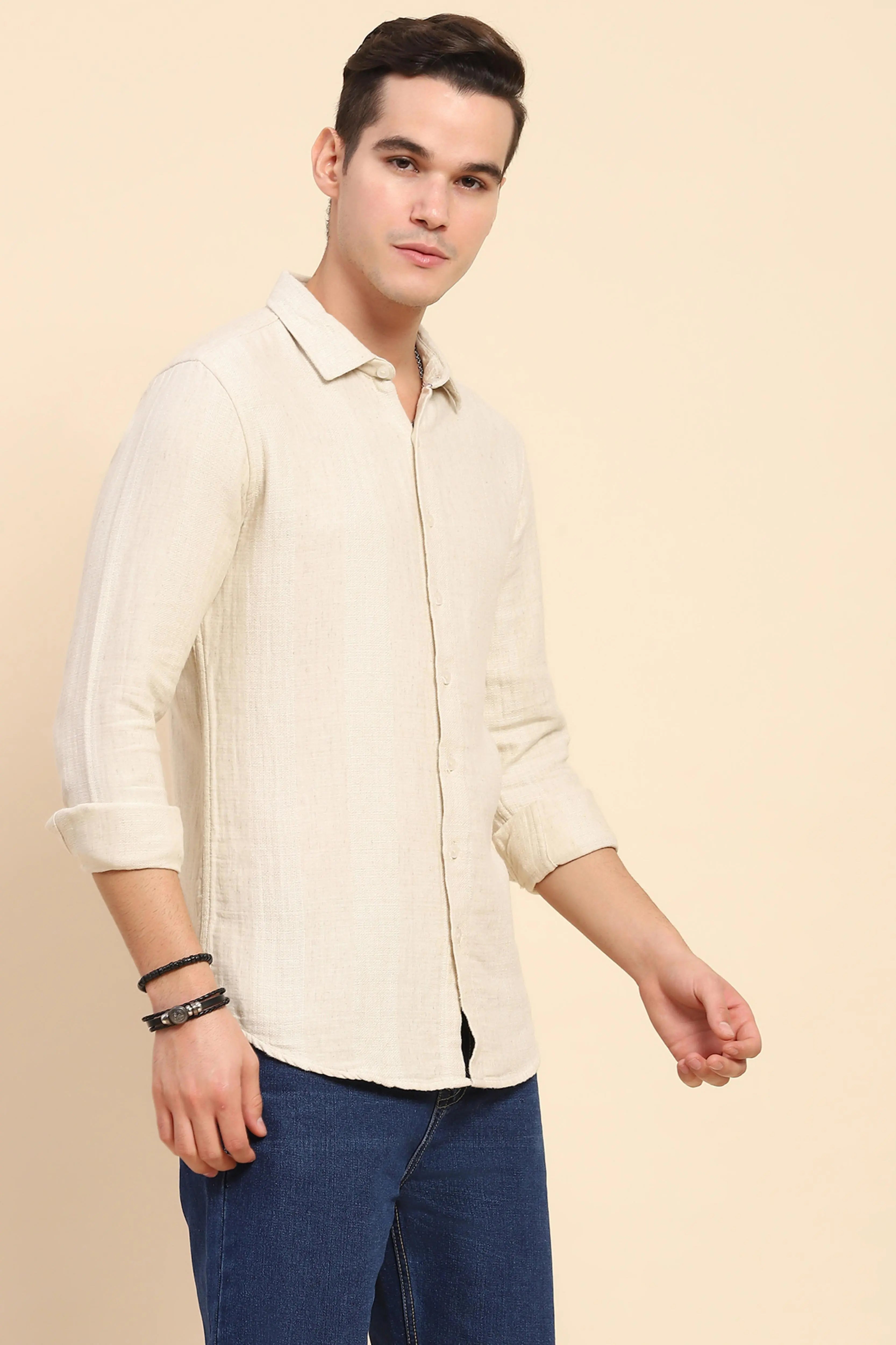Beige Linen Blend Self Design Shirt - Global Republic