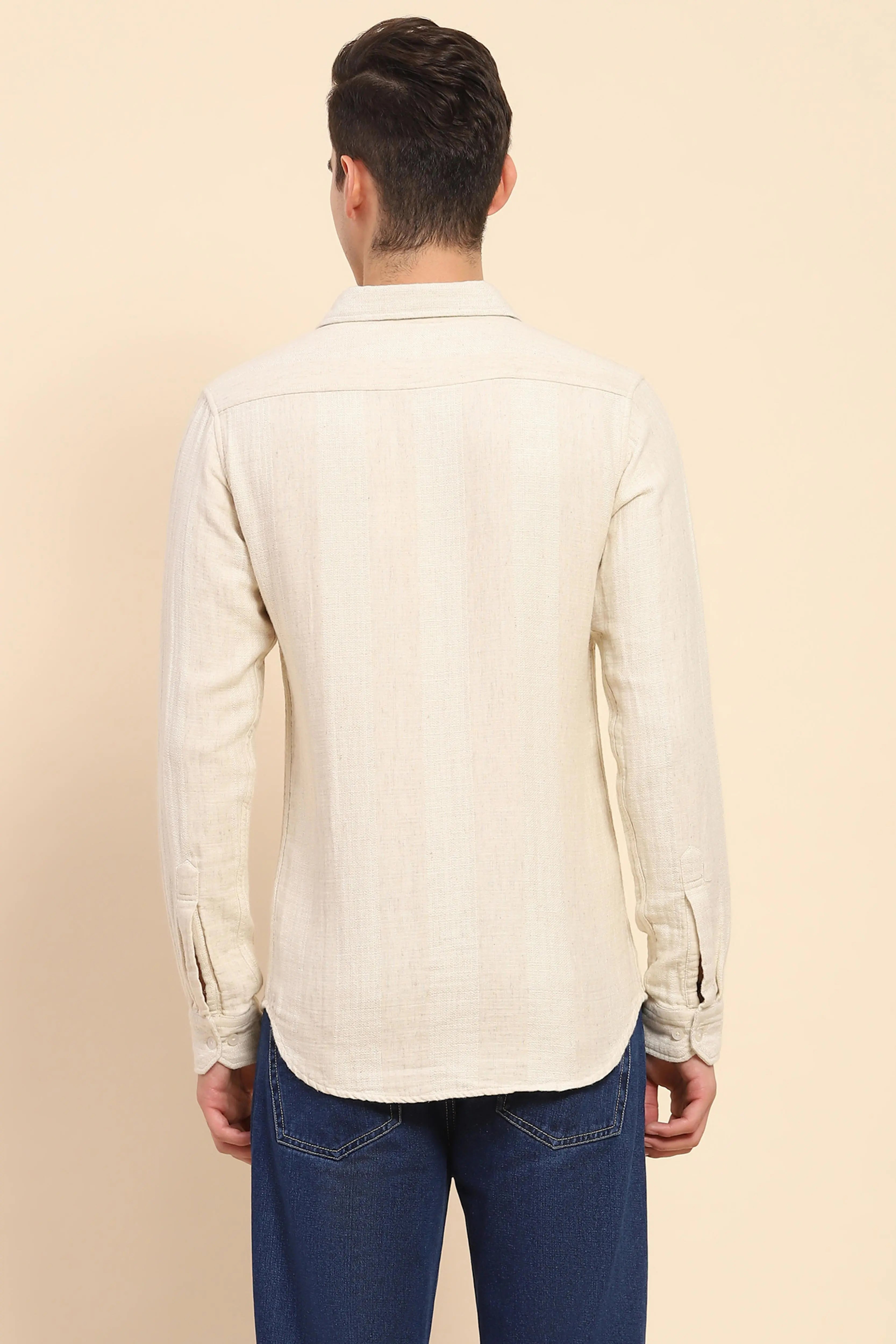 Beige Linen Blend Self Design Shirt - Global Republic