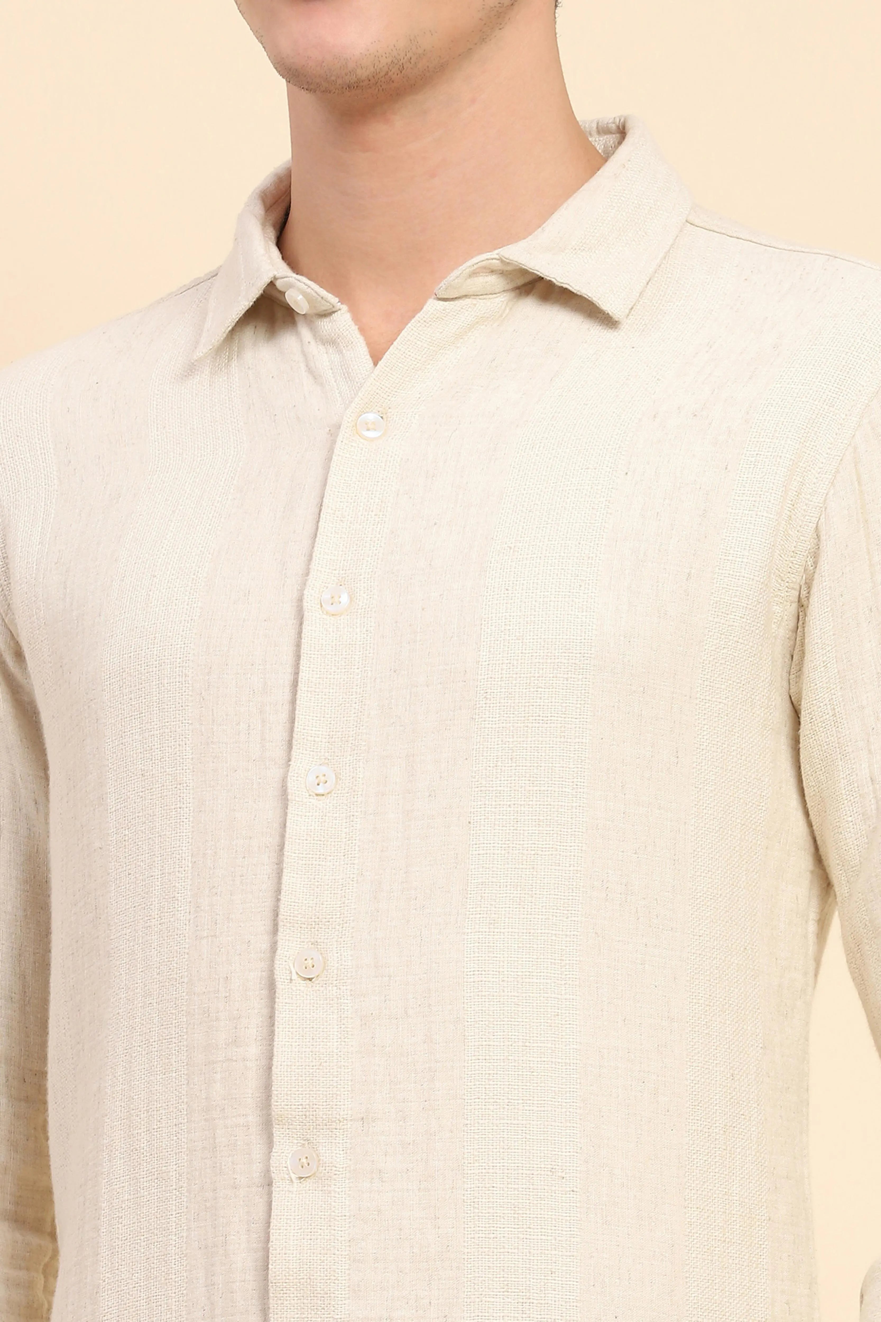 Beige Linen Blend Self Design Shirt - Global Republic