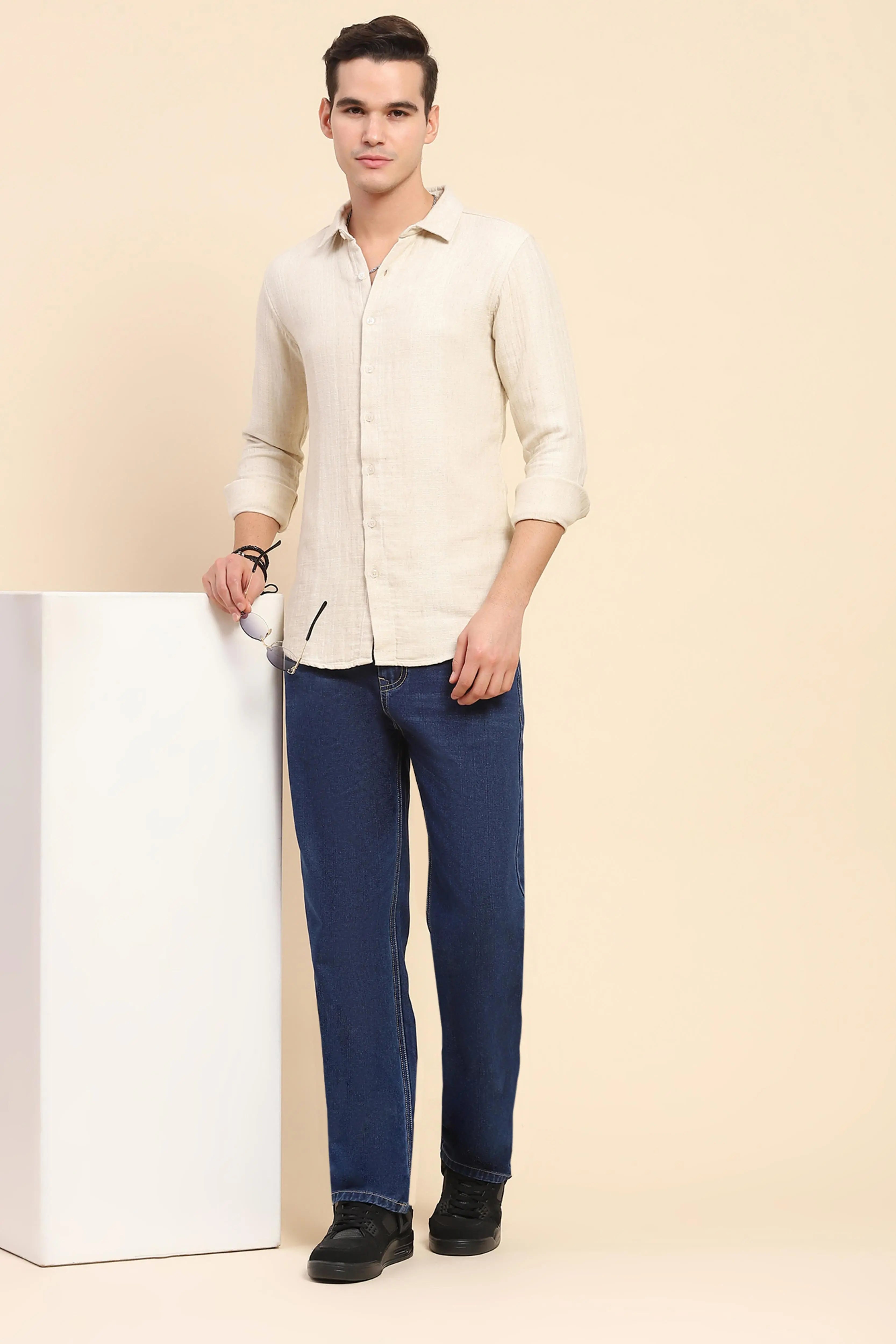 Beige Linen Blend Self Design Shirt - Global Republic