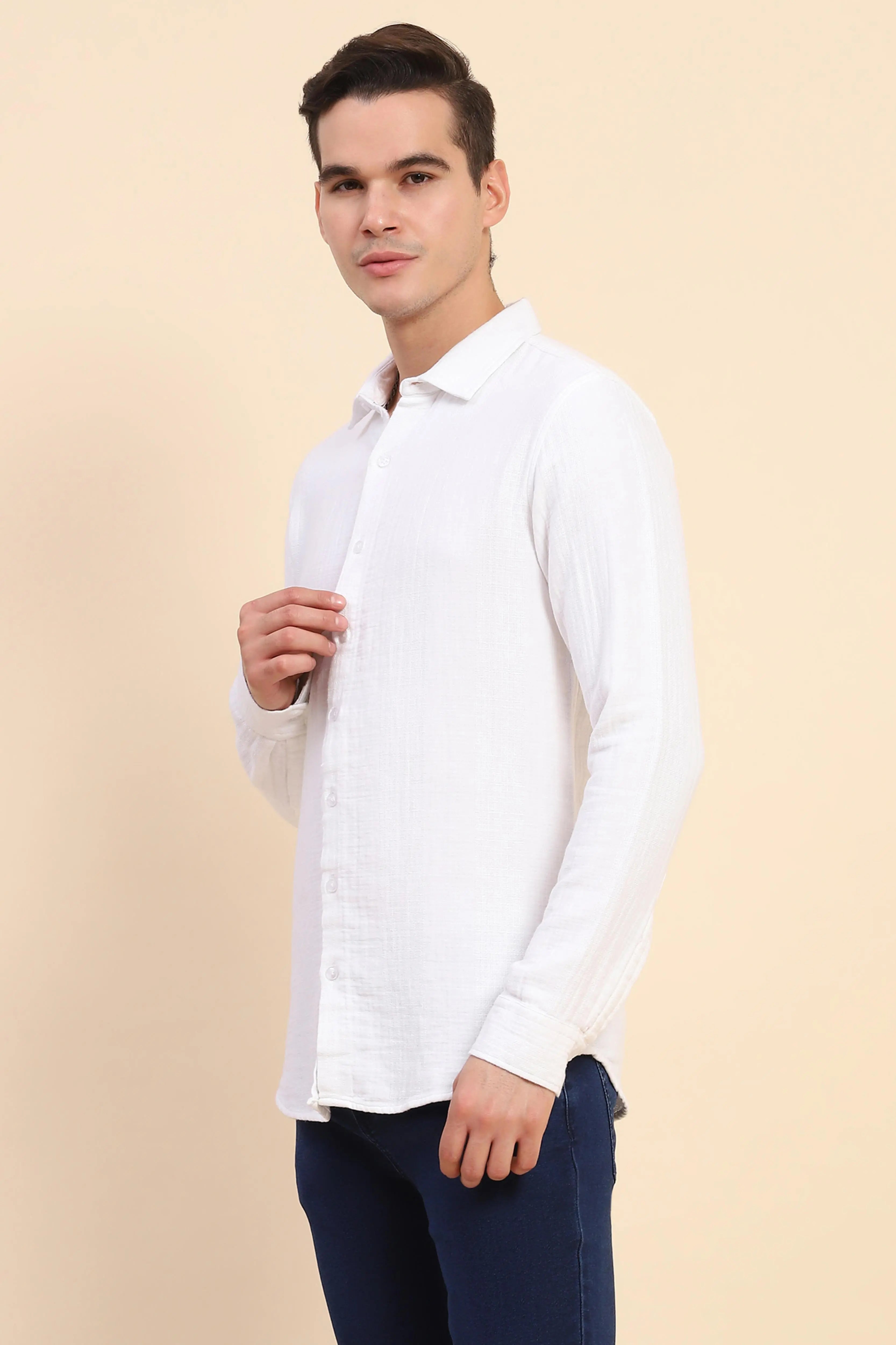 White Cotton Linen Self Design Casual Shirt - Global Republic