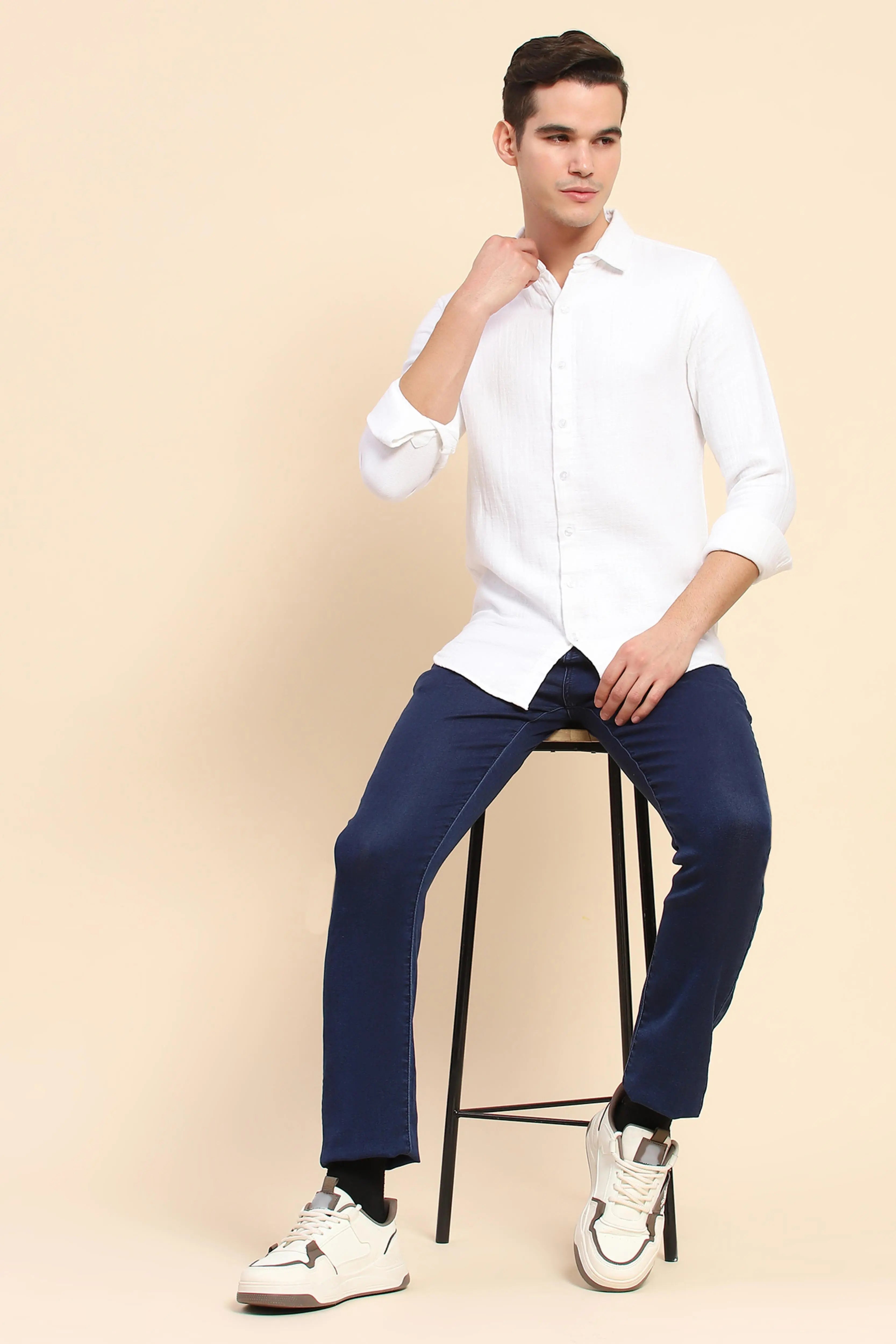 White Cotton Linen Self Design Casual Shirt - Global Republic