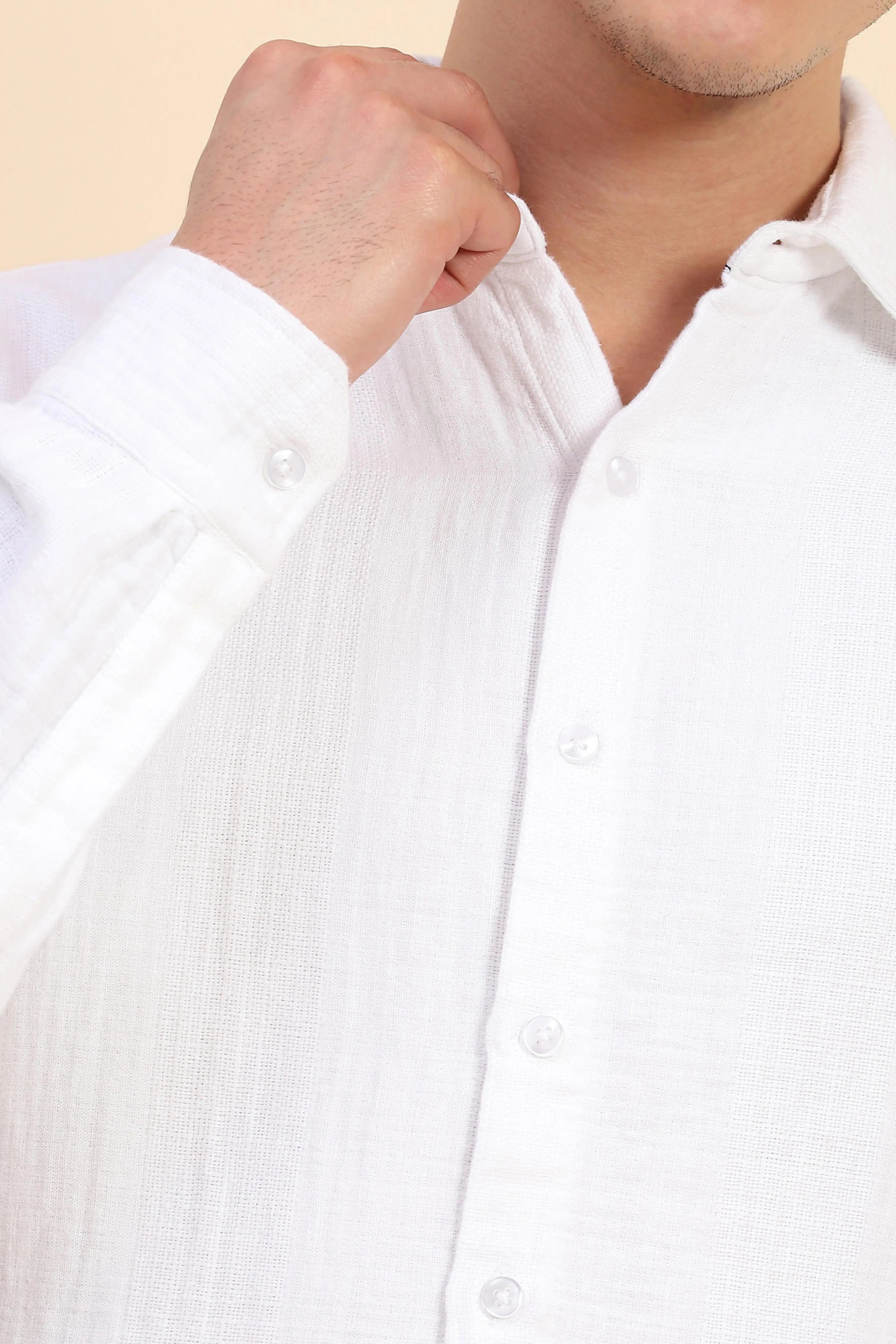 White Cotton Linen Self Design Casual Shirt - Global Republic