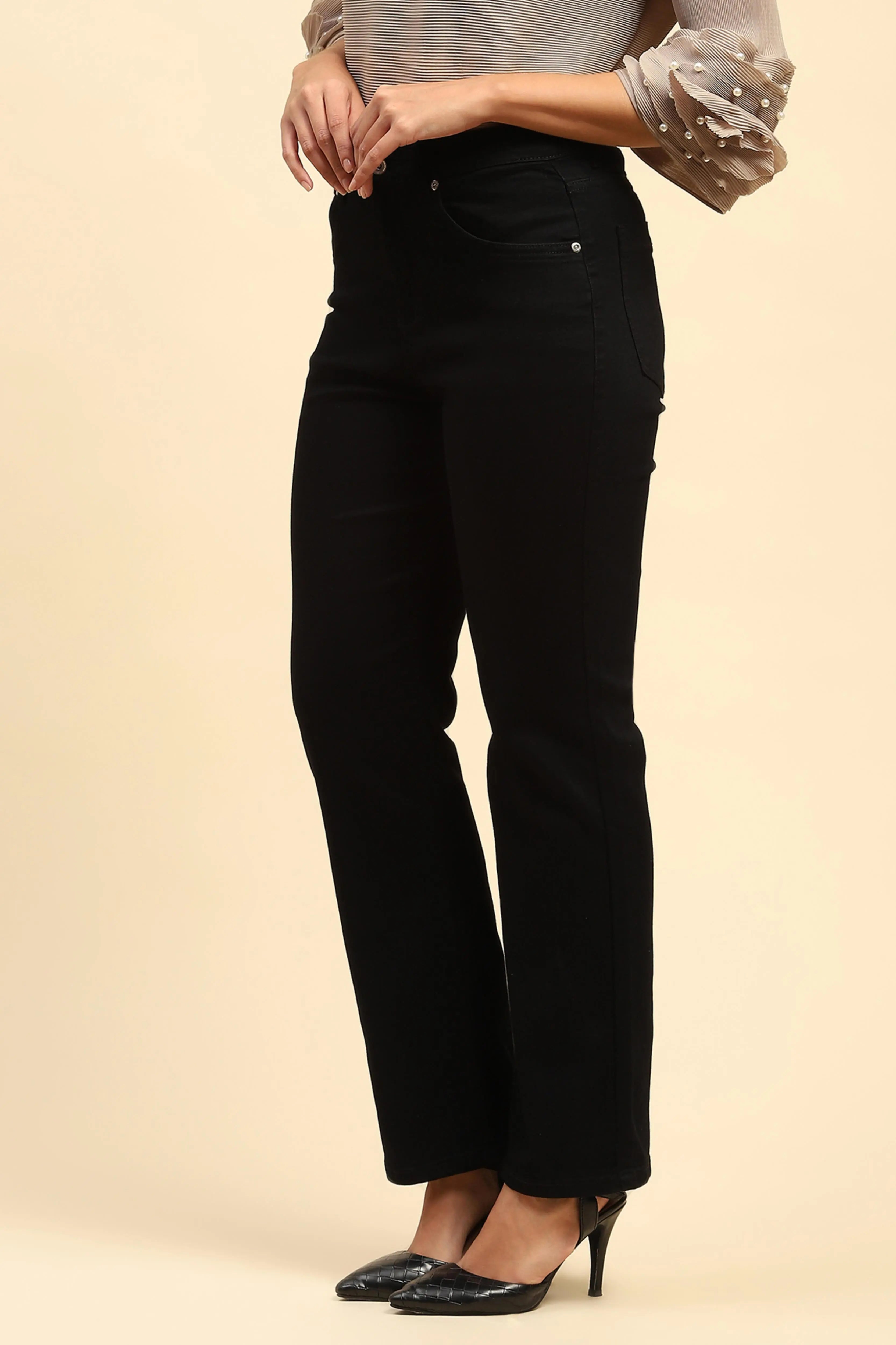 Black Solid Cotton Blend Straight Fit Jeans - Global Republic