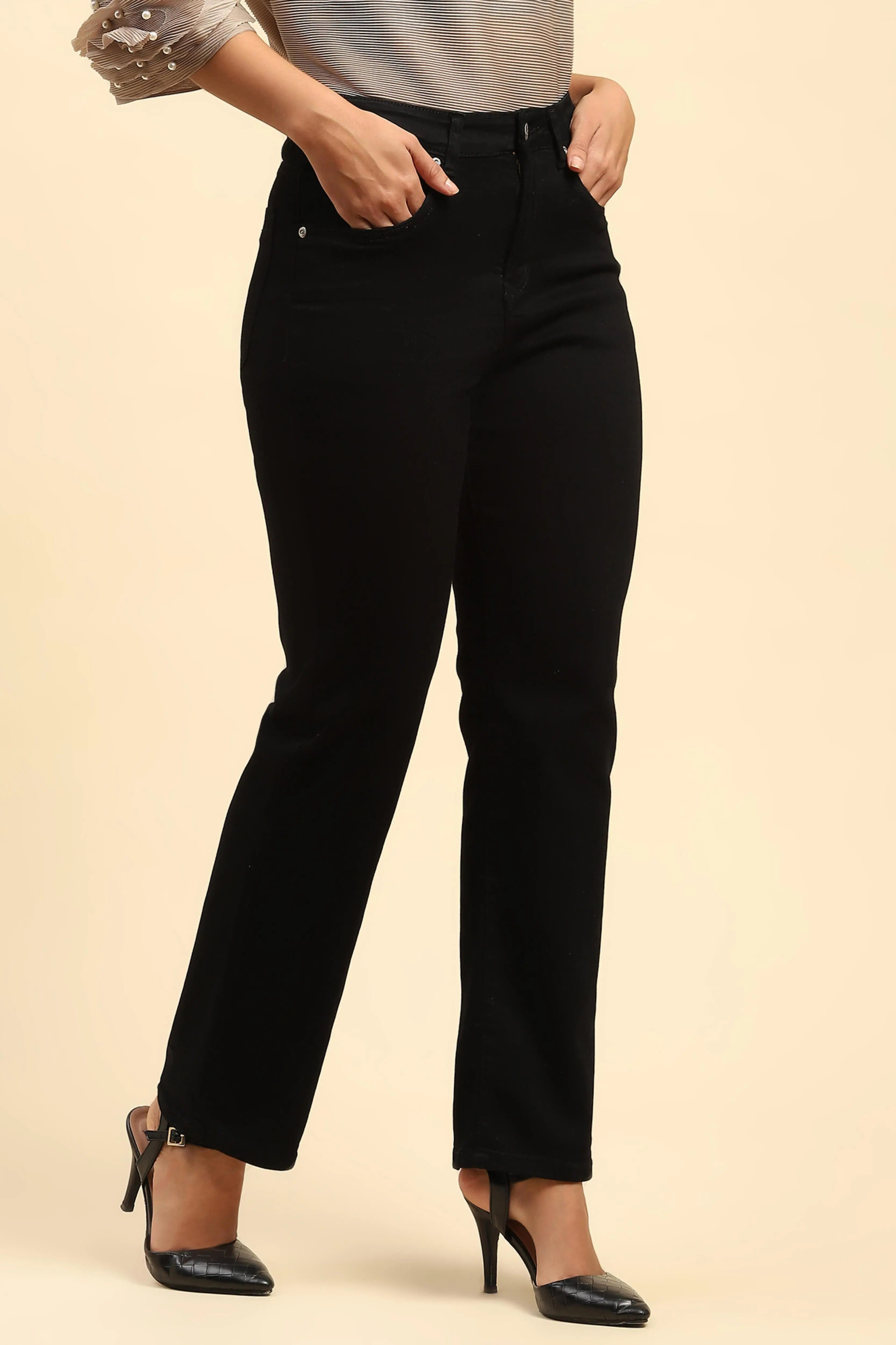 Black Solid Cotton Blend Straight Fit Jeans - Global Republic