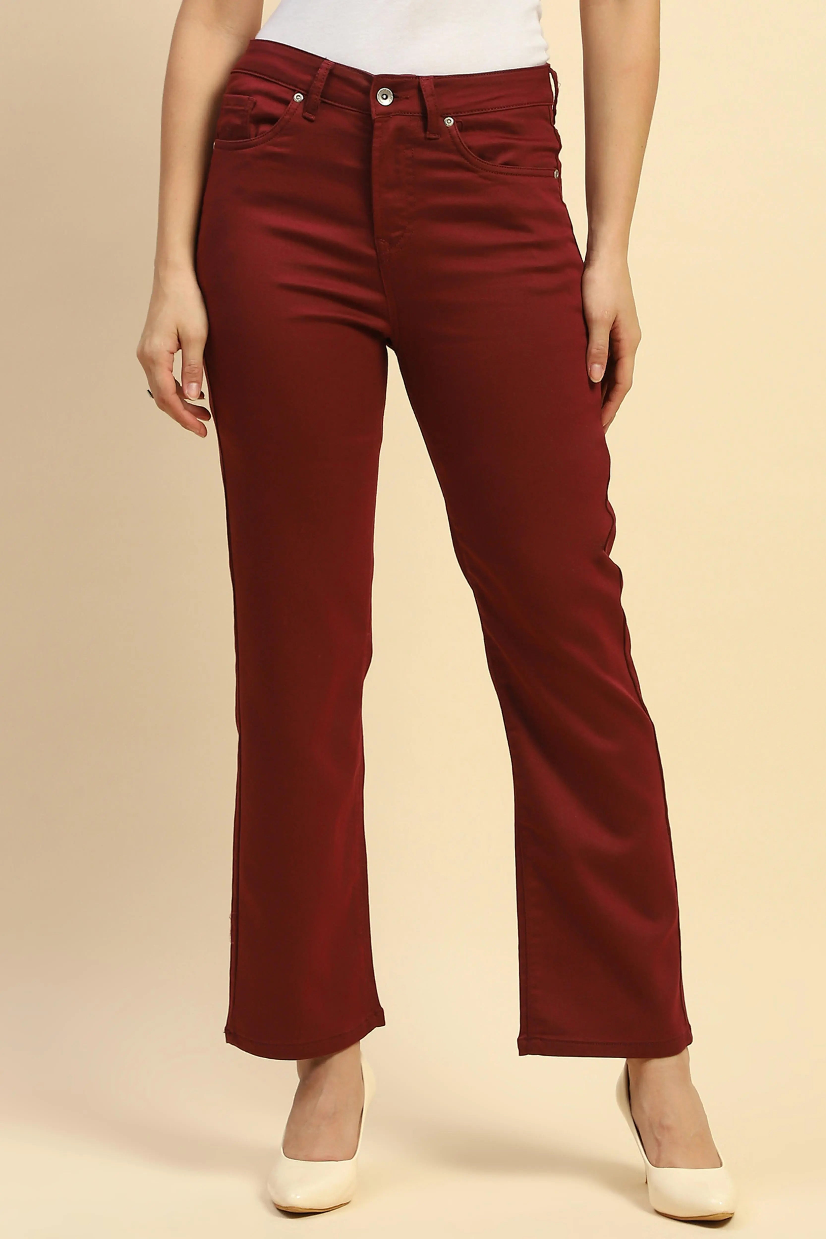 Maroon Cotton Blend Stretchable Straight fit Trouser - Global Republic