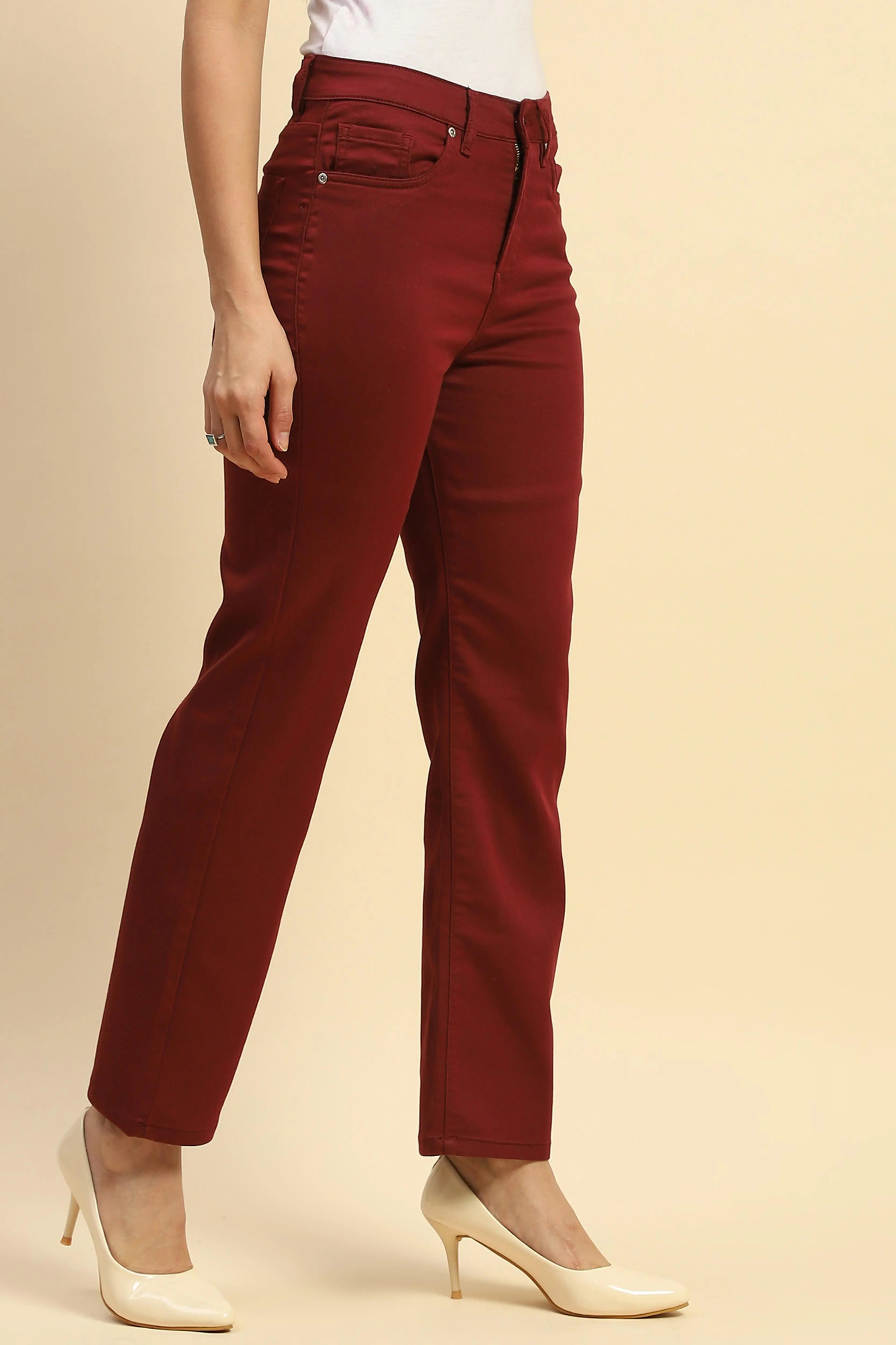 Maroon Cotton Blend Stretchable Straight fit Trouser - Global Republic