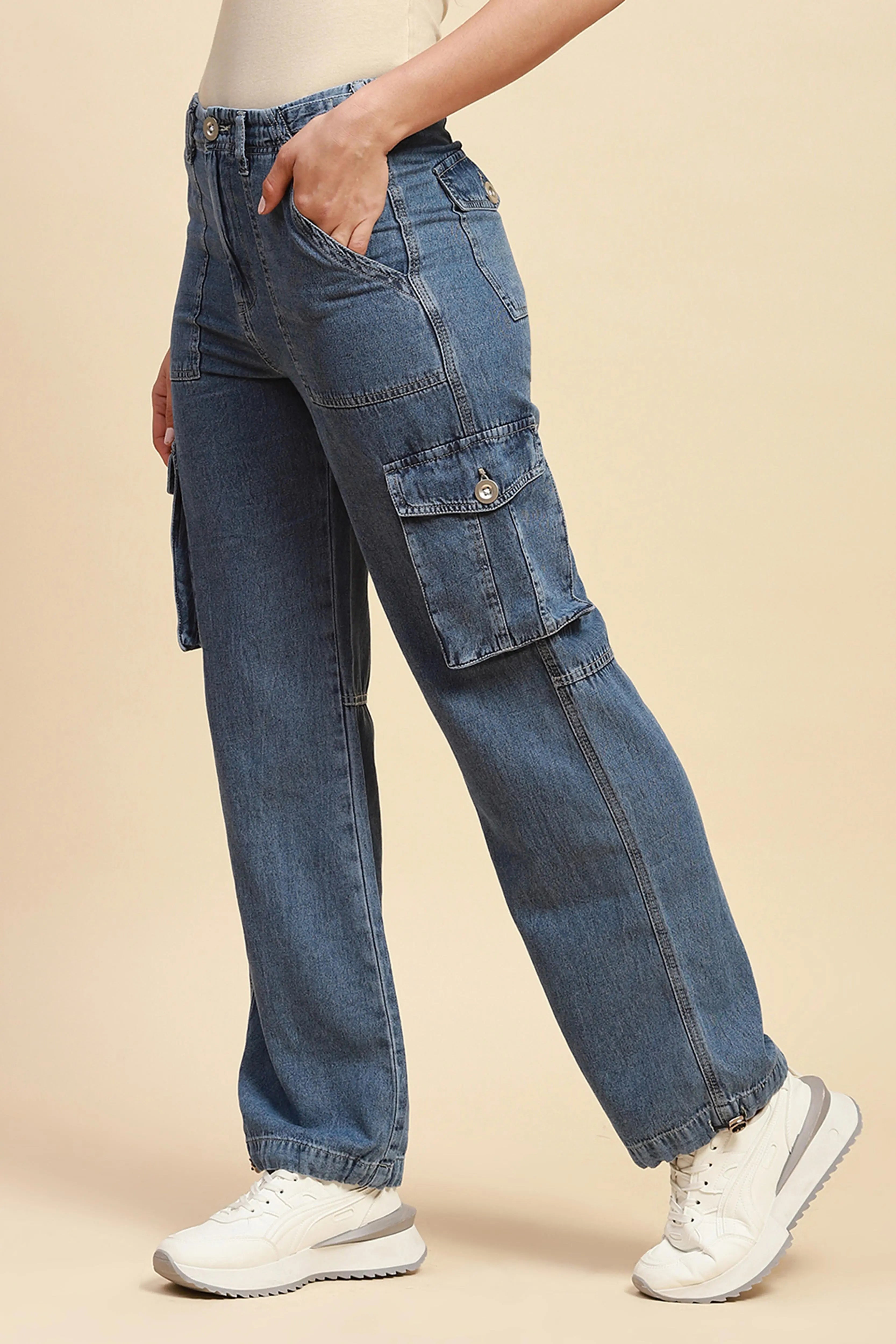 Blue Cotton Straight Relaxed Fit Cargo - Global Republic