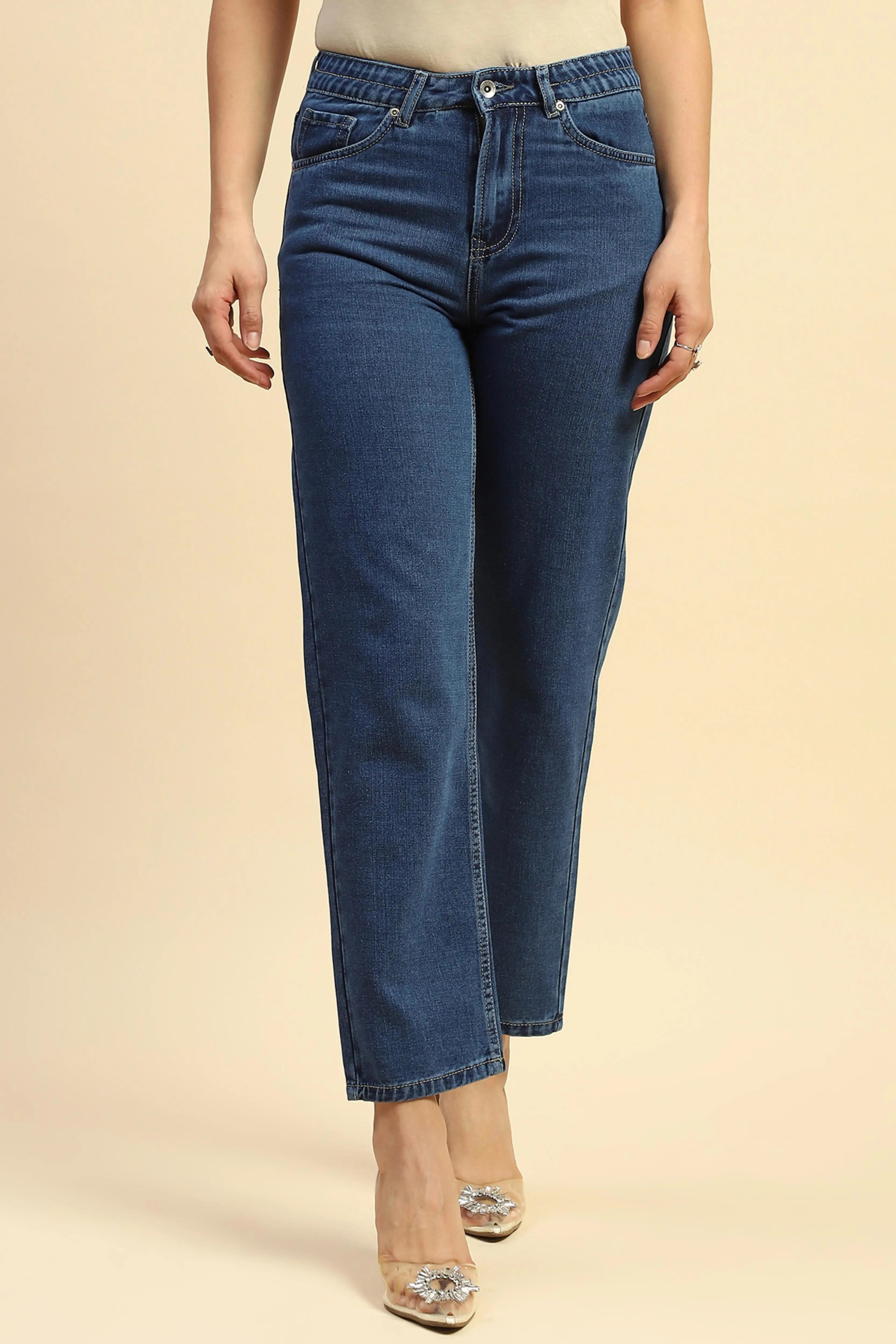 Blue Cotton Blend Mom Fit Jeans - Global Republic
