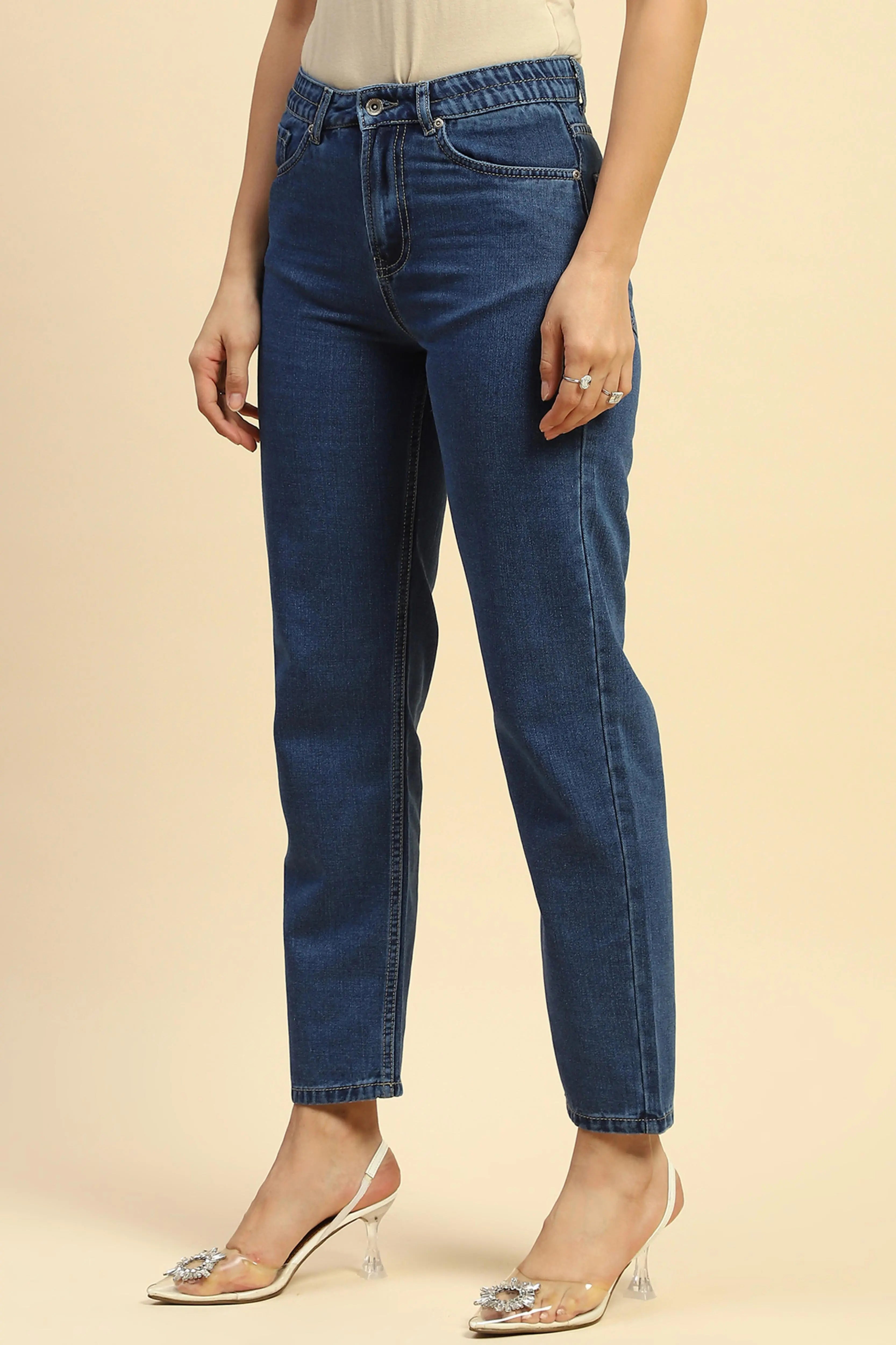 Blue Cotton Blend Mom Fit Jeans - Global Republic