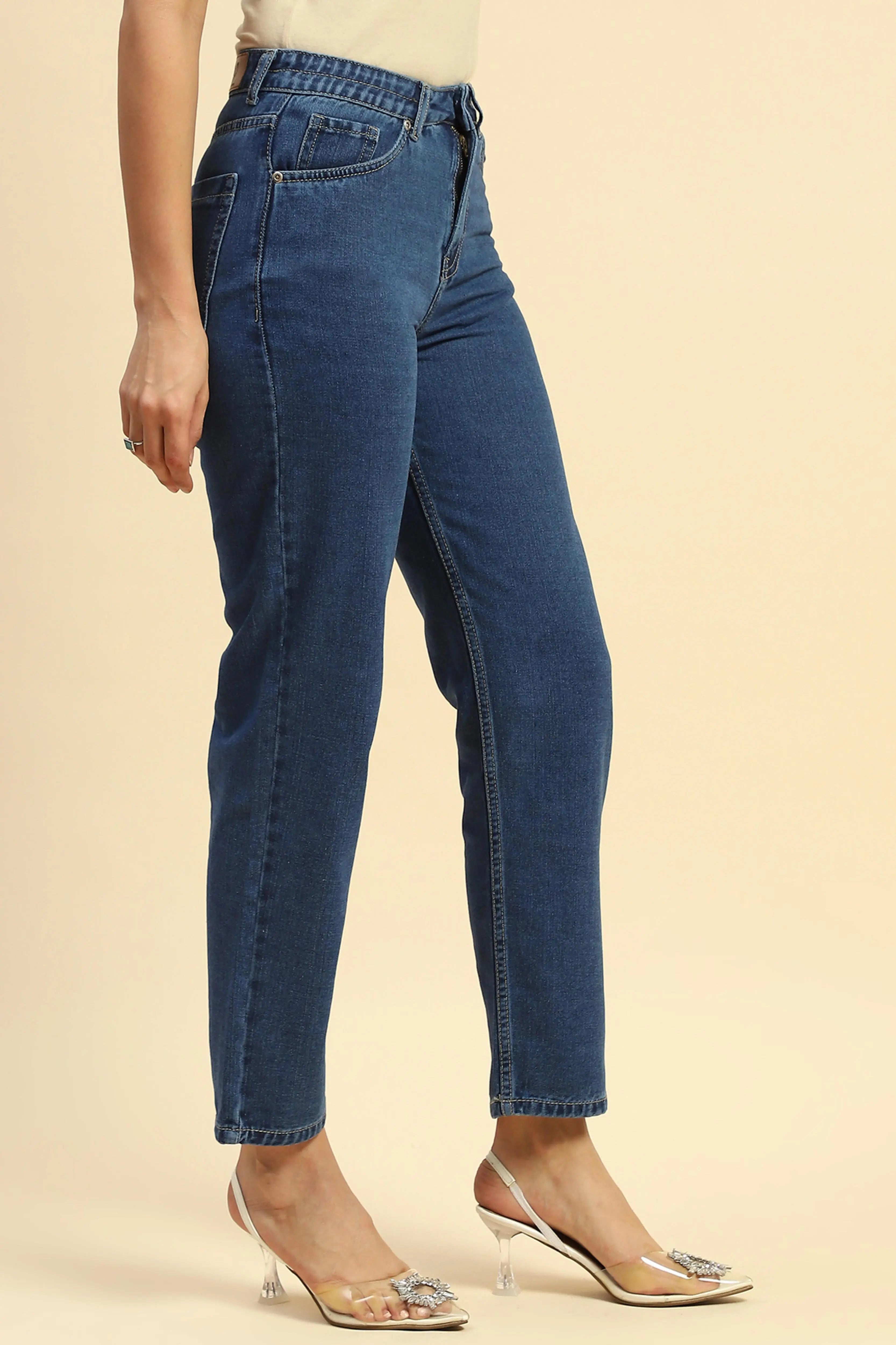 Blue Cotton Blend Mom Fit Jeans - Global Republic