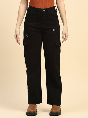 Jet Black Cotton Straight Fit Cargo
