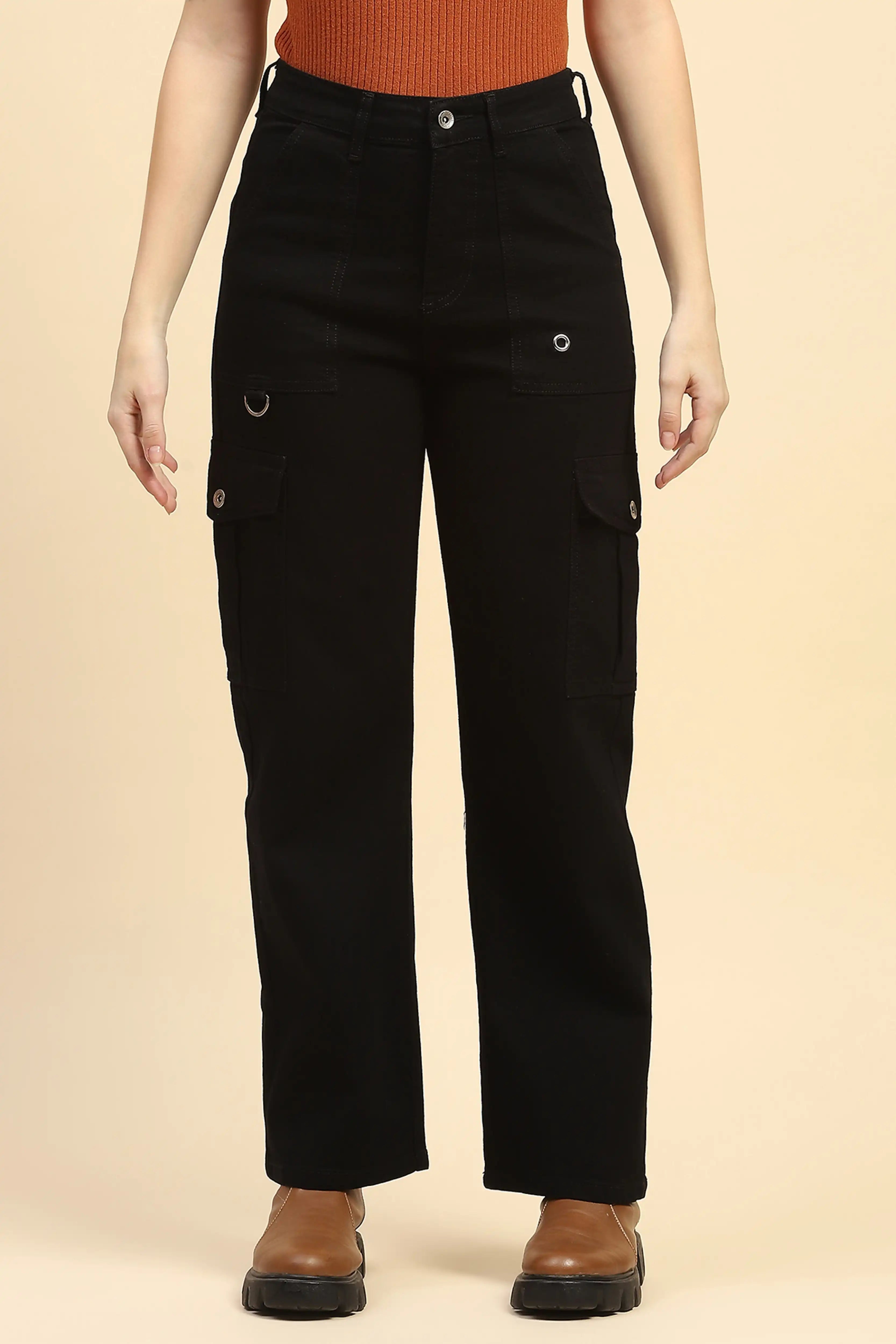 Jet Black Cotton Straight Fit Cargo