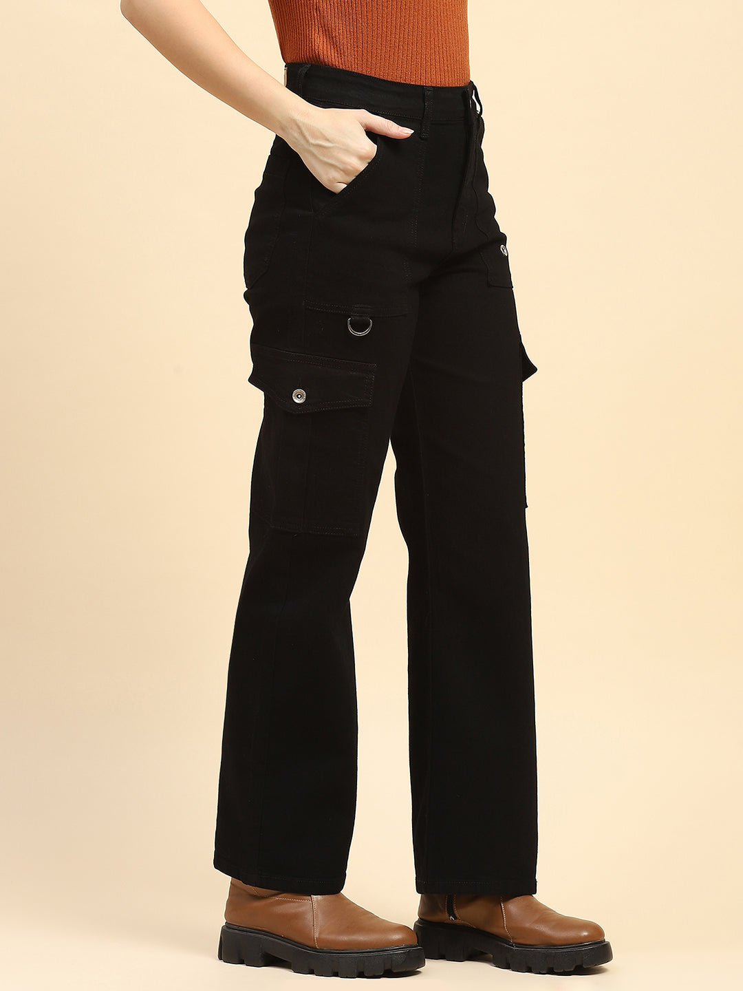 Jet Black Cotton Straight Fit Cargo