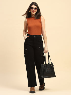 Jet Black Cotton Straight Fit Cargo
