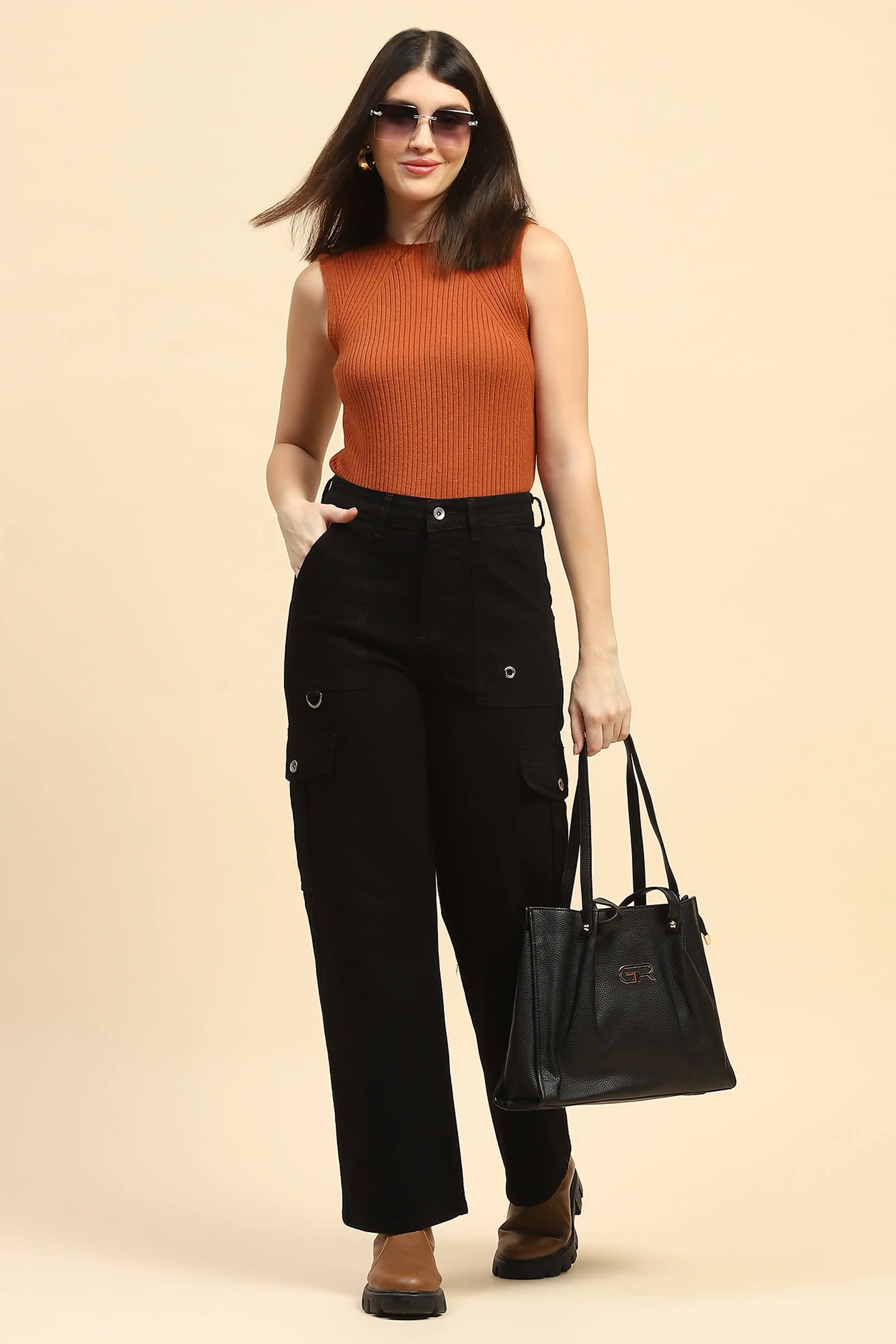 Jet Black Cotton Straight Fit Cargo