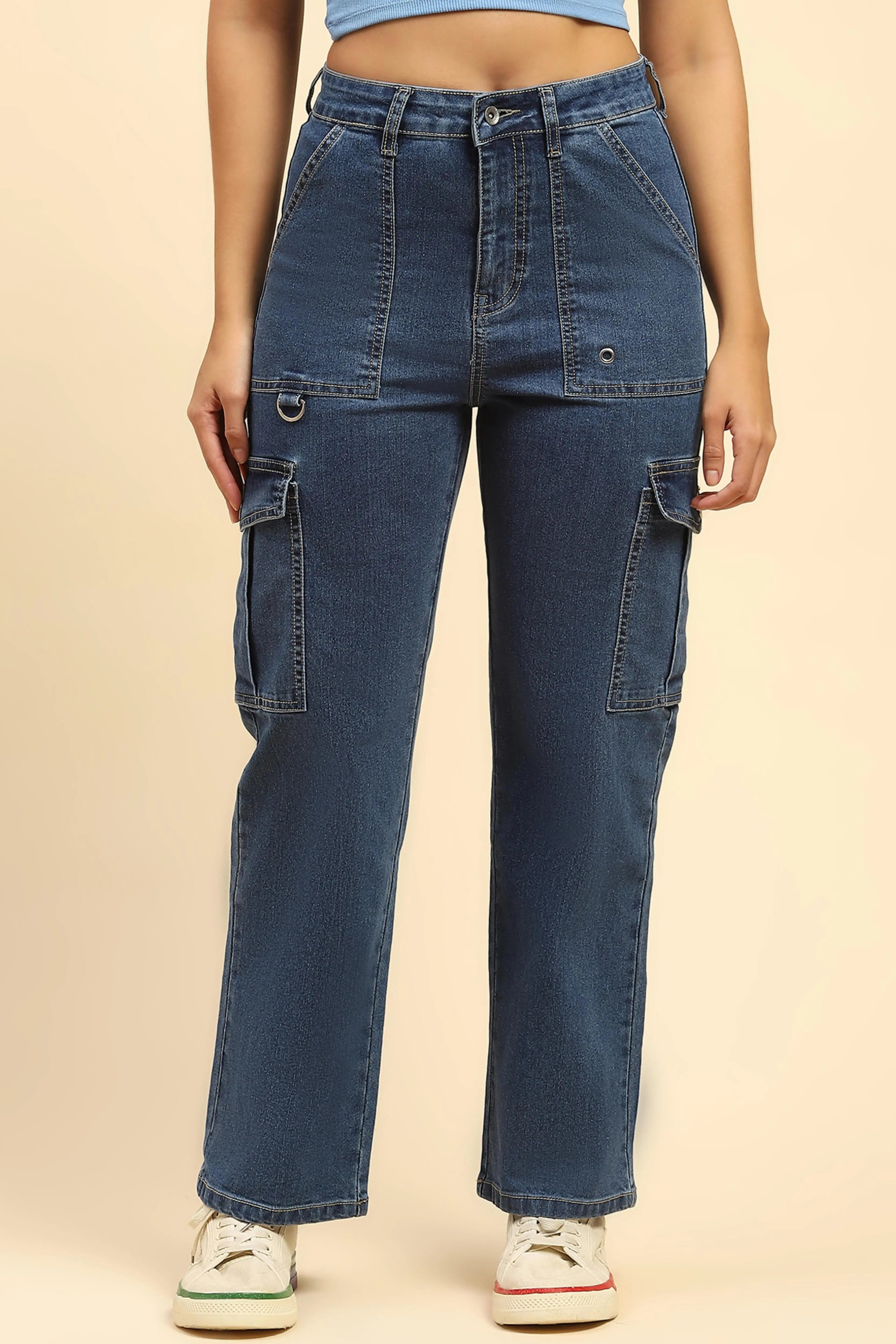 Blue Solid Cotton Blend Cargo - Global Republic