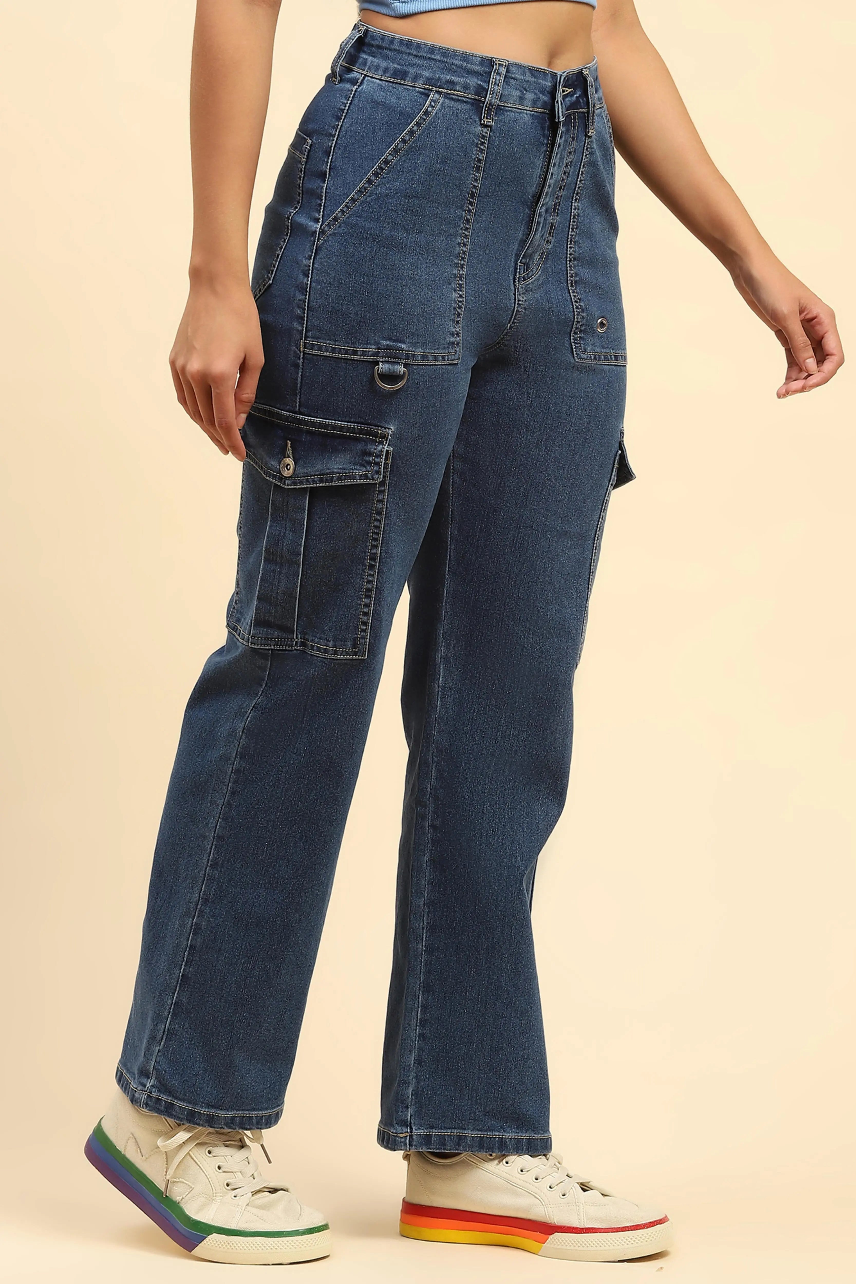 Blue Solid Cotton Blend Cargo - Global Republic