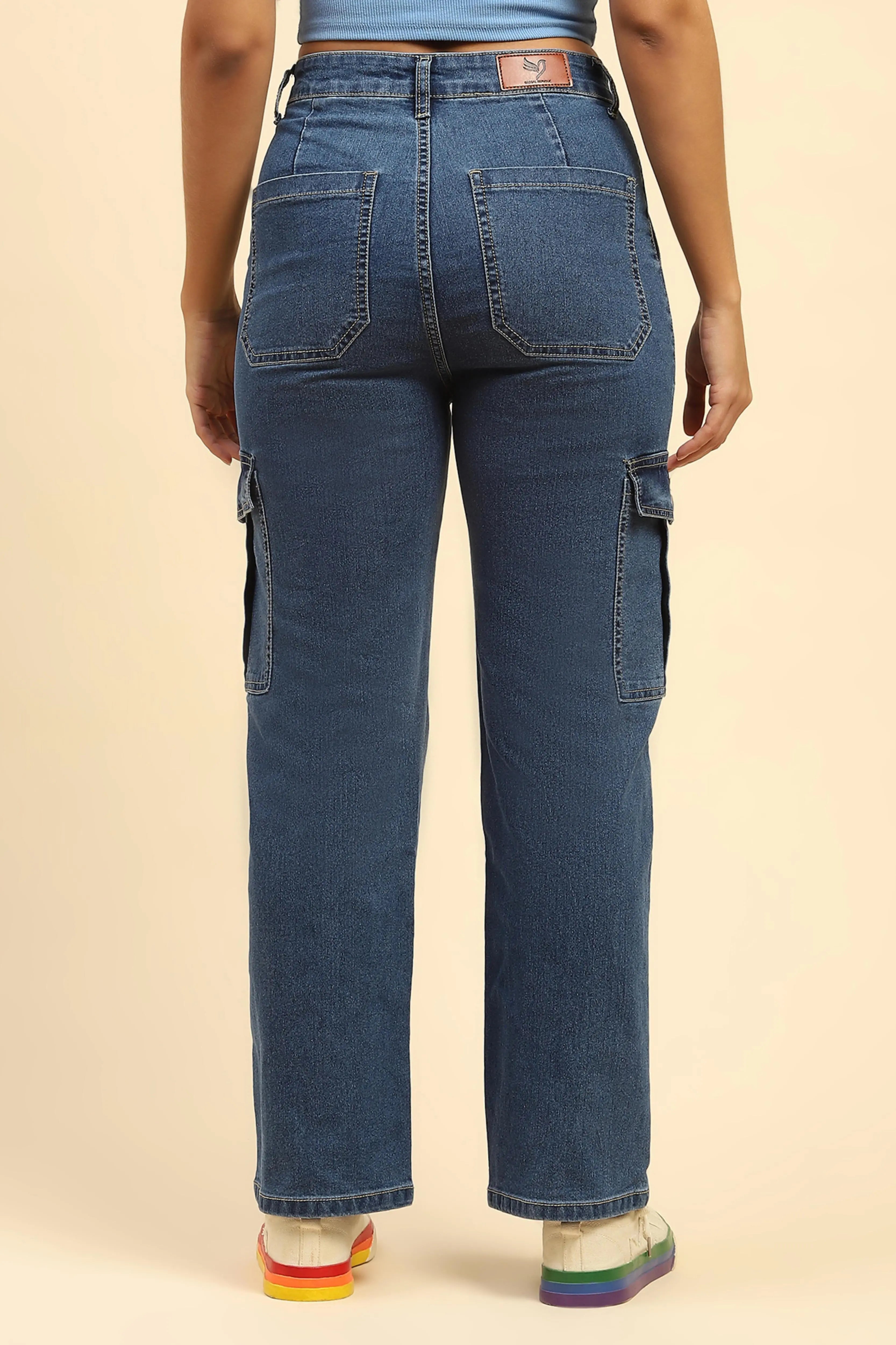 Blue Solid Cotton Blend Cargo - Global Republic