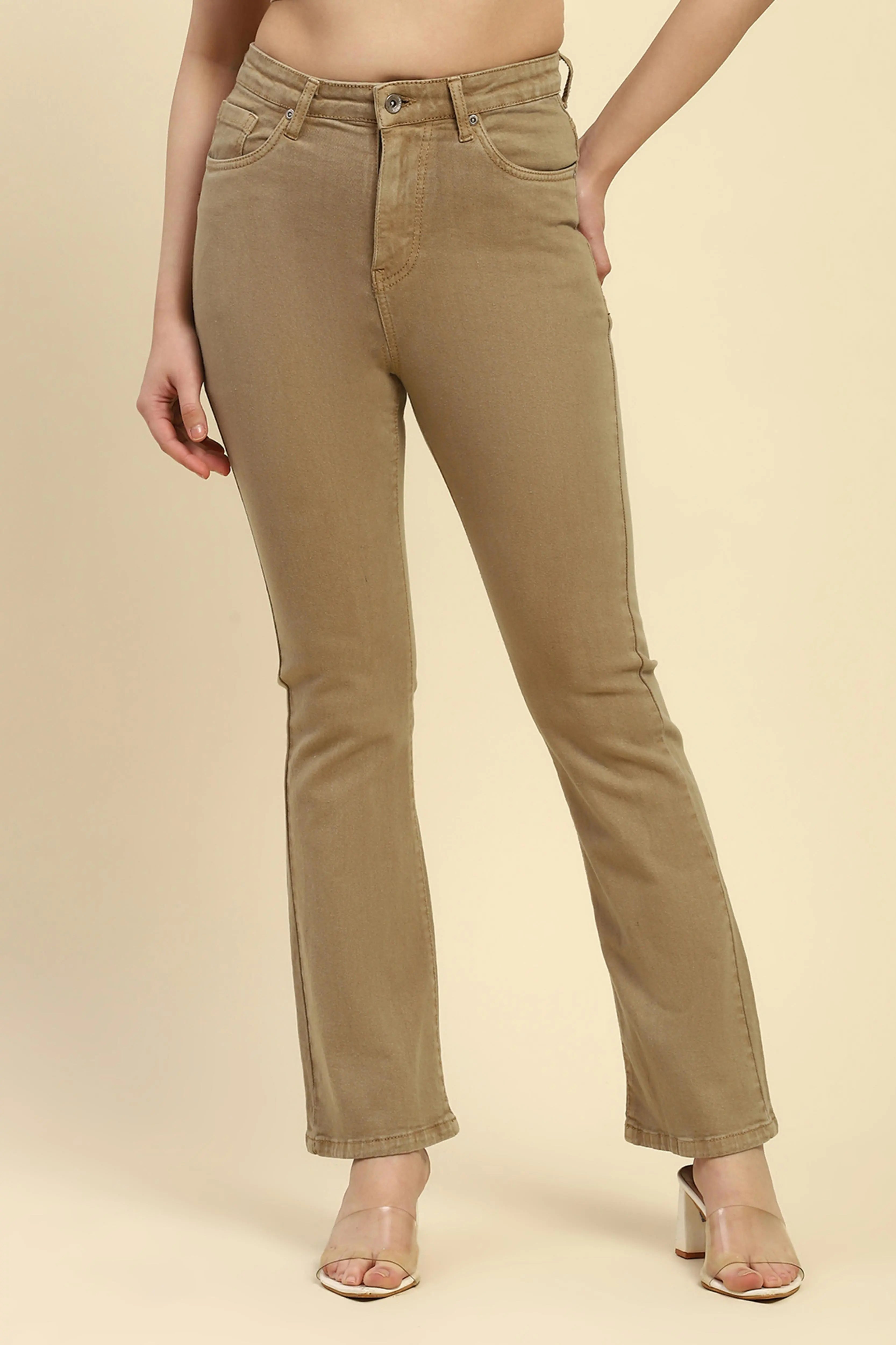 Khaki Solid Cotton Blend Regular Fit Jeans - Global Republic