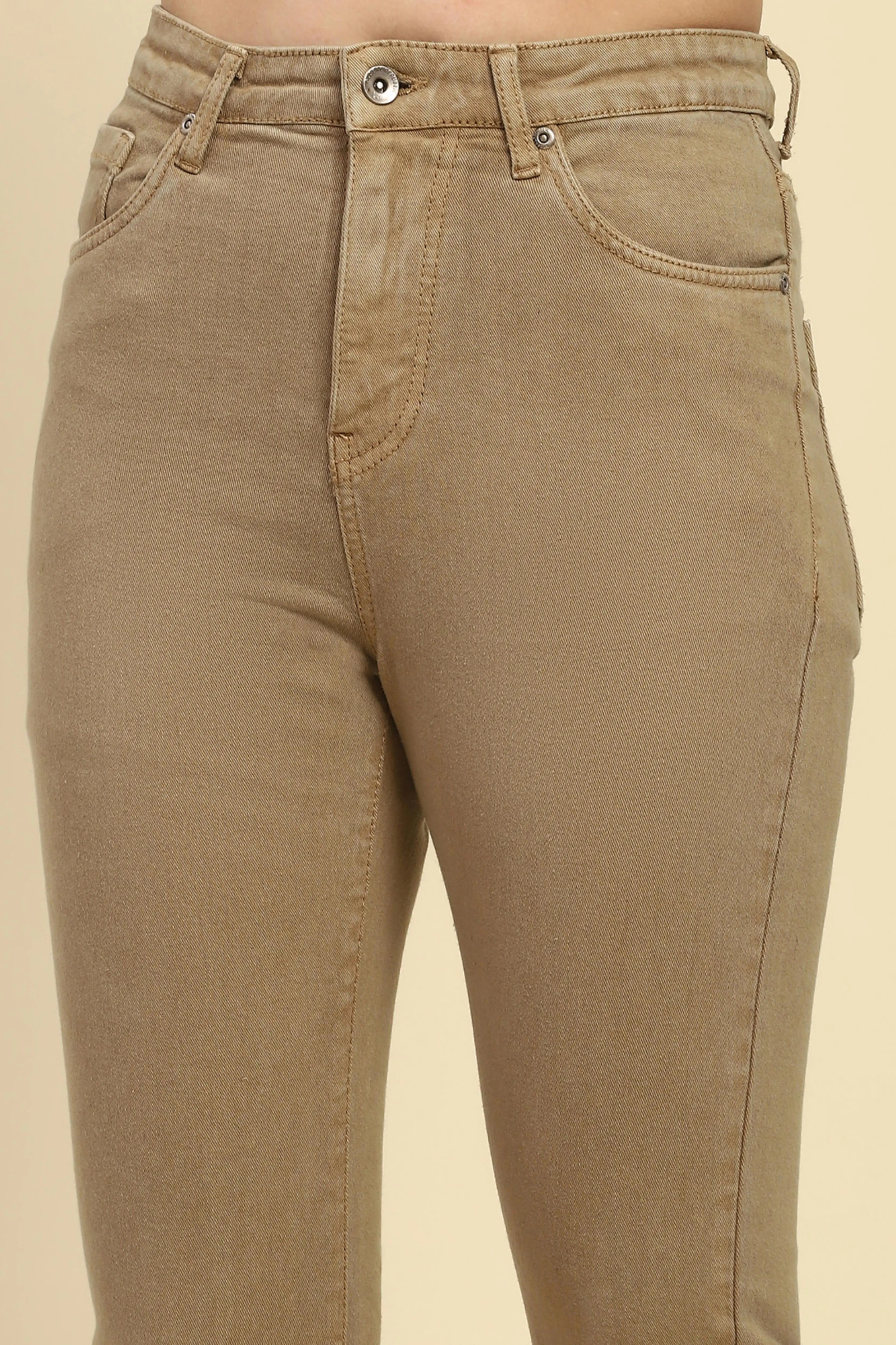 Khaki Solid Cotton Blend Regular Fit Jeans - Global Republic