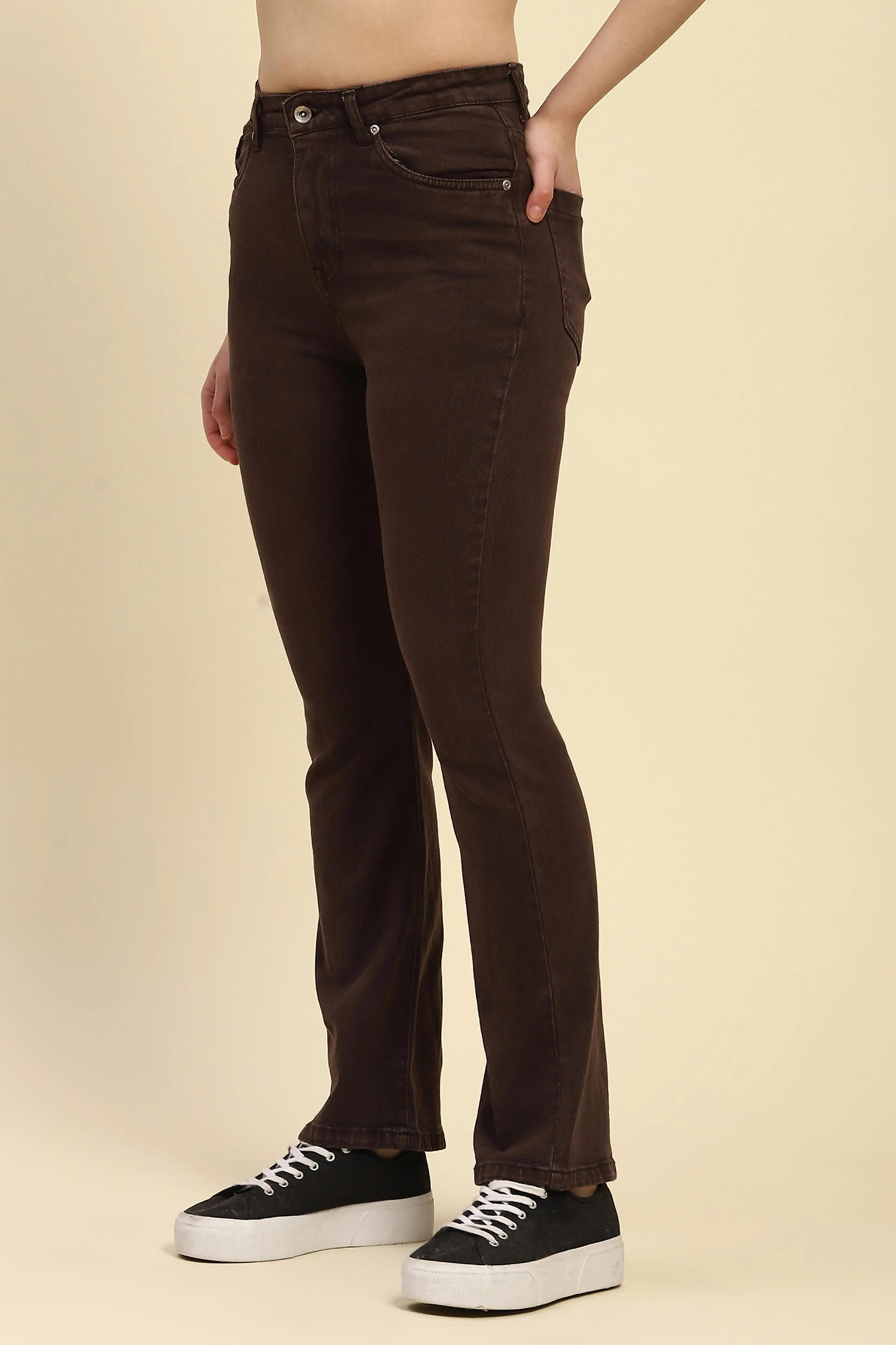 Brown Solid Cotton Blend Regular Fit Jeans - Global Republic