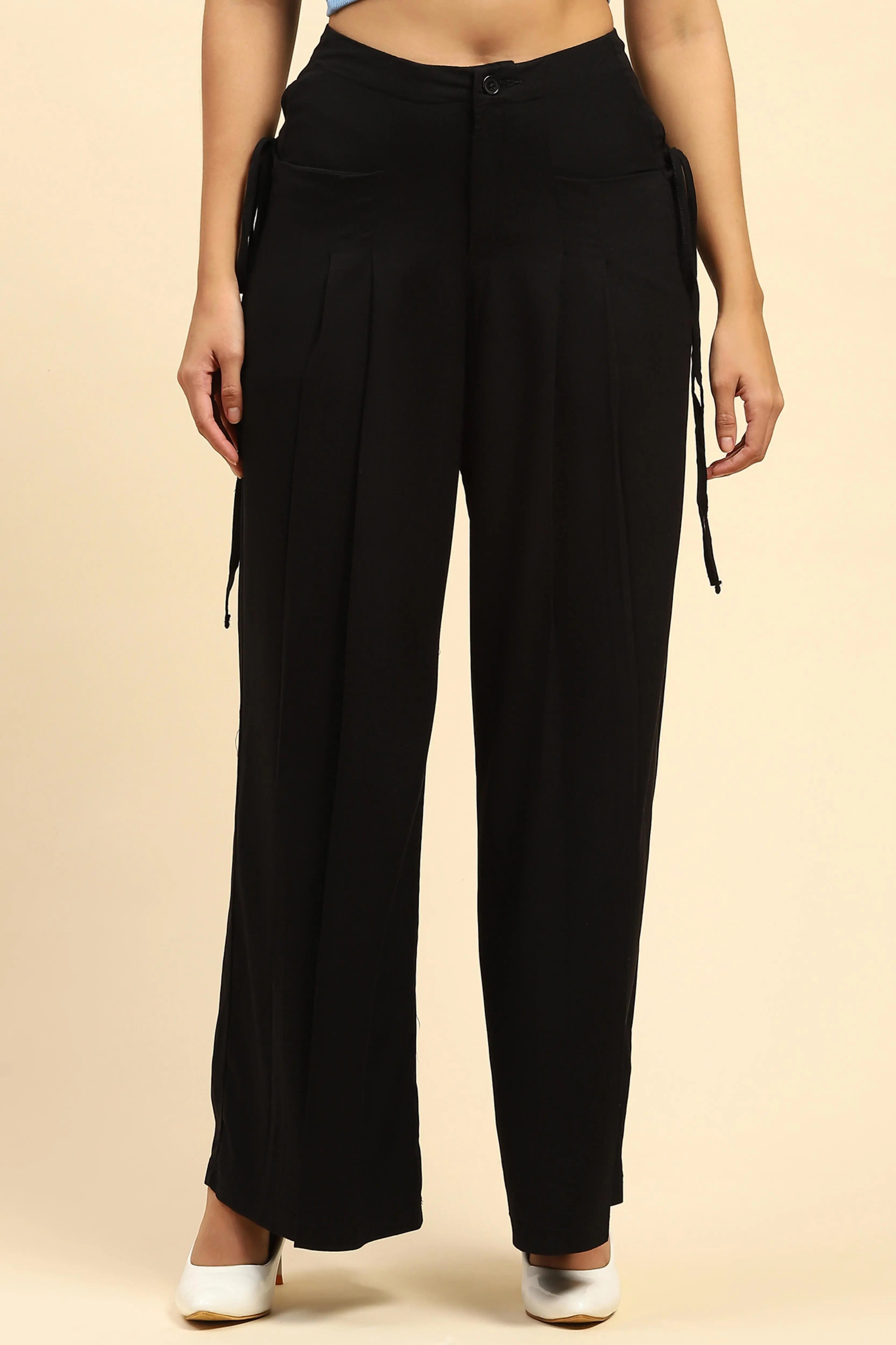 Black Solid  Cotton Loose Fit Palazzo - Global Republic