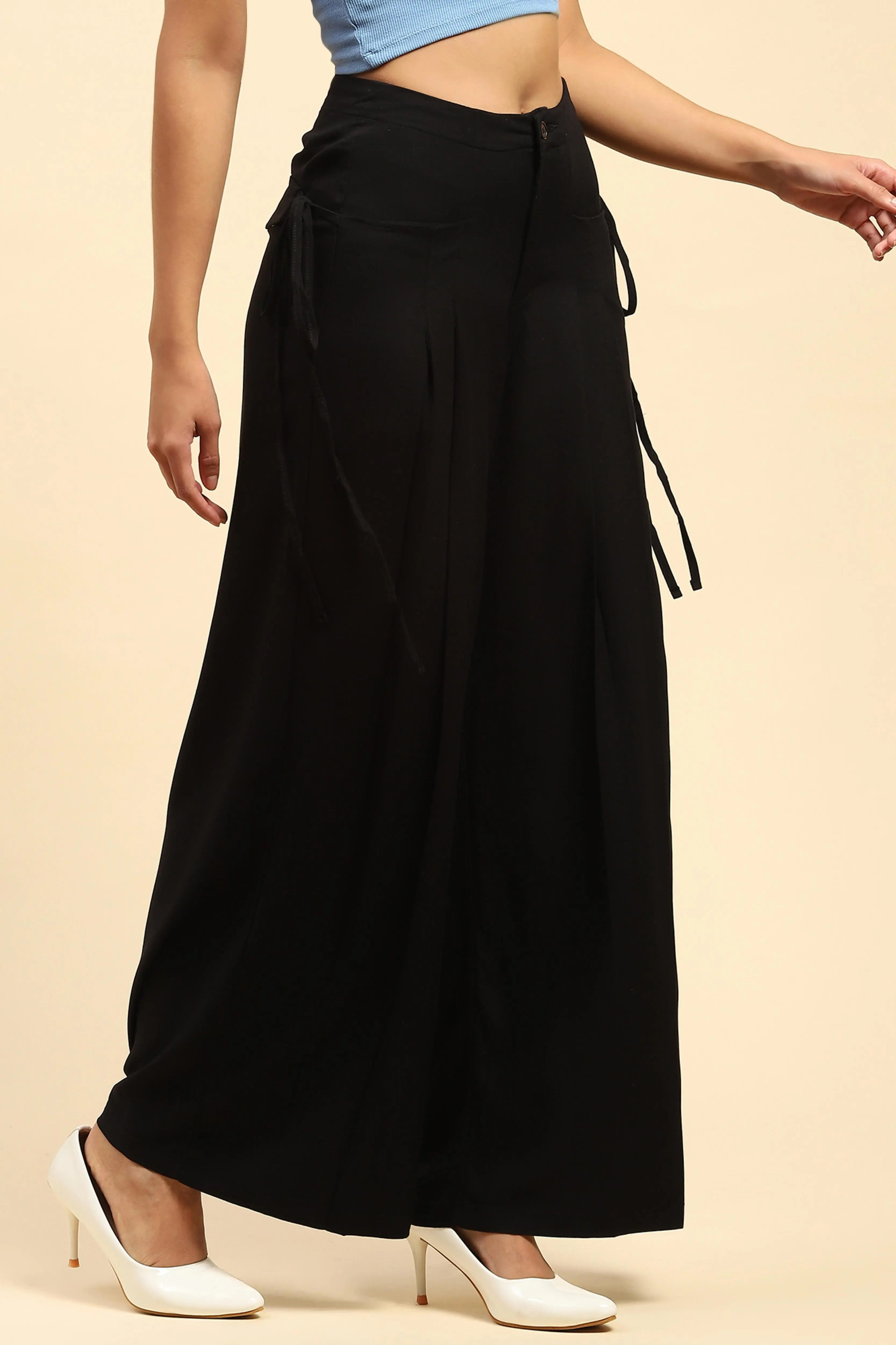 Black Solid  Cotton Loose Fit Palazzo - Global Republic