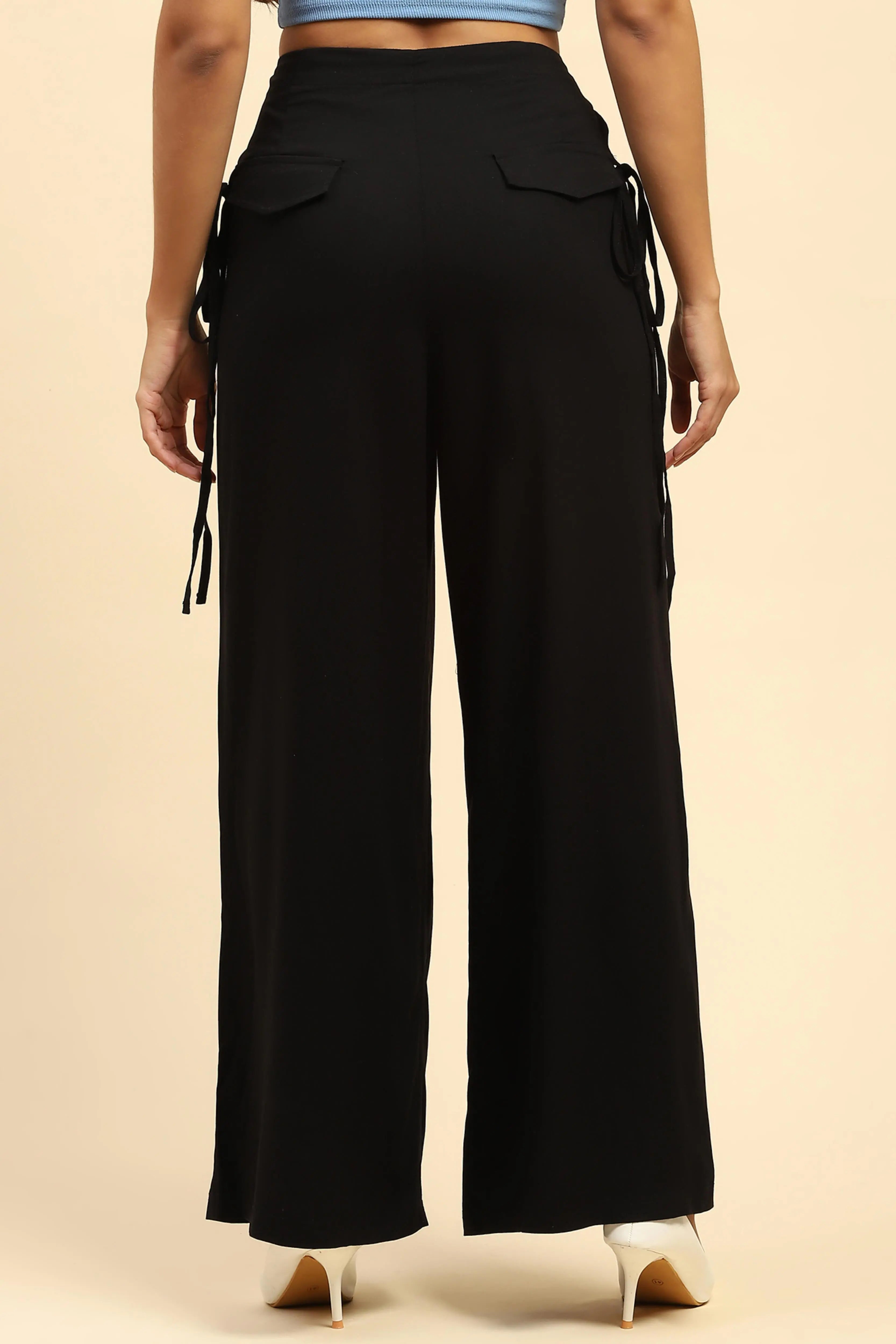 Black Solid  Cotton Loose Fit Palazzo - Global Republic