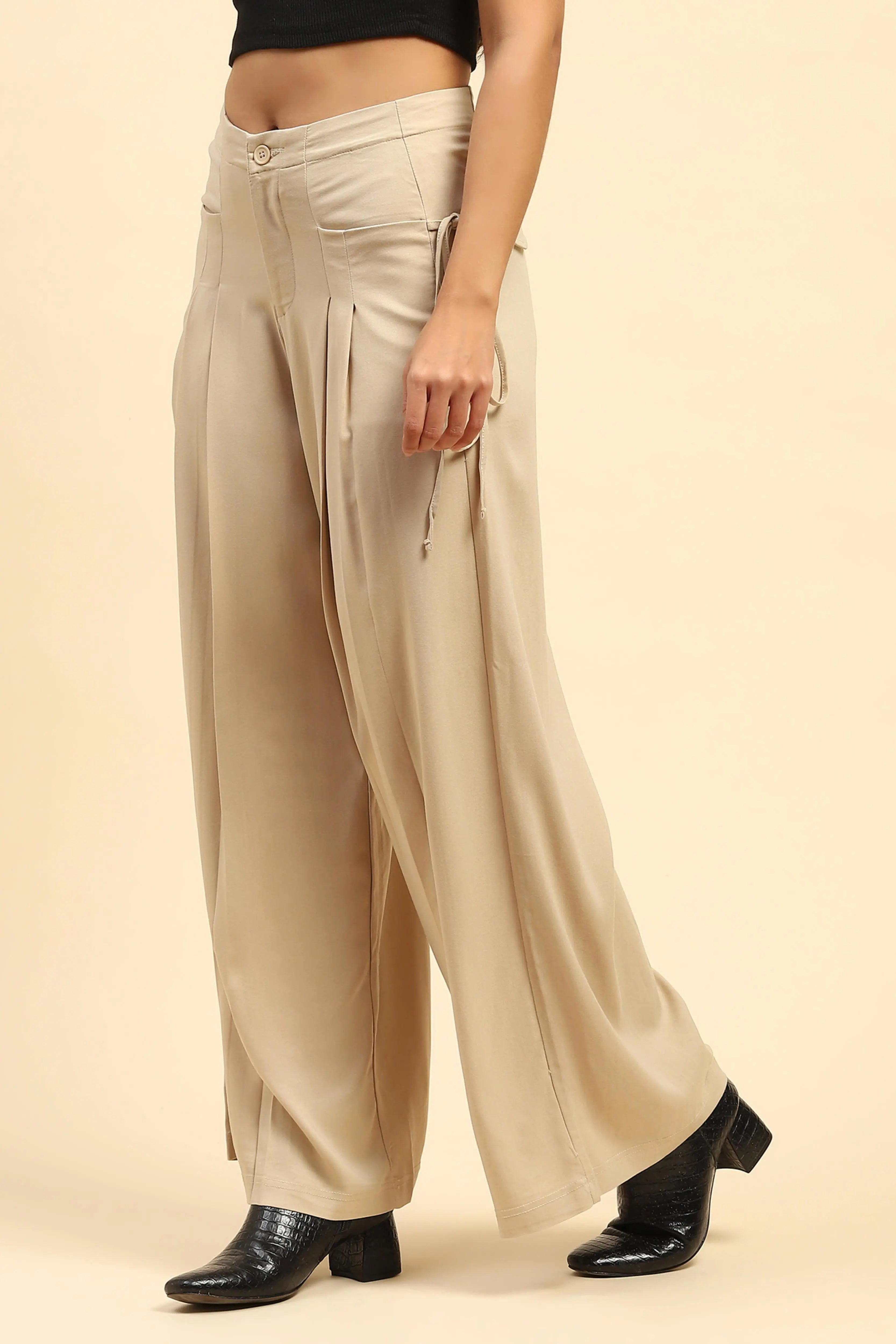Beige Solid  Cotton Loose Fit Palazzo - Global Republic