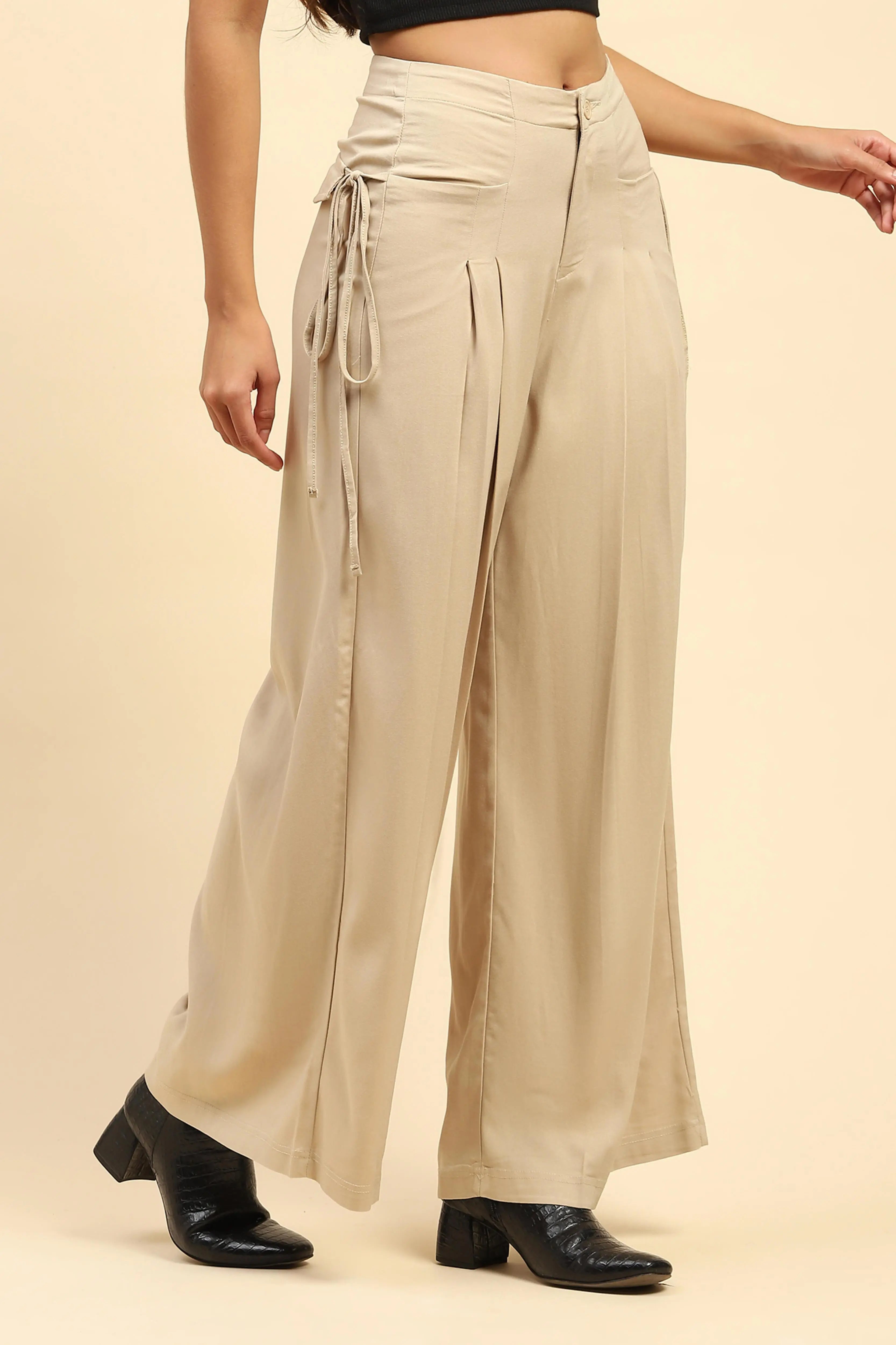 Beige Solid  Cotton Loose Fit Palazzo - Global Republic