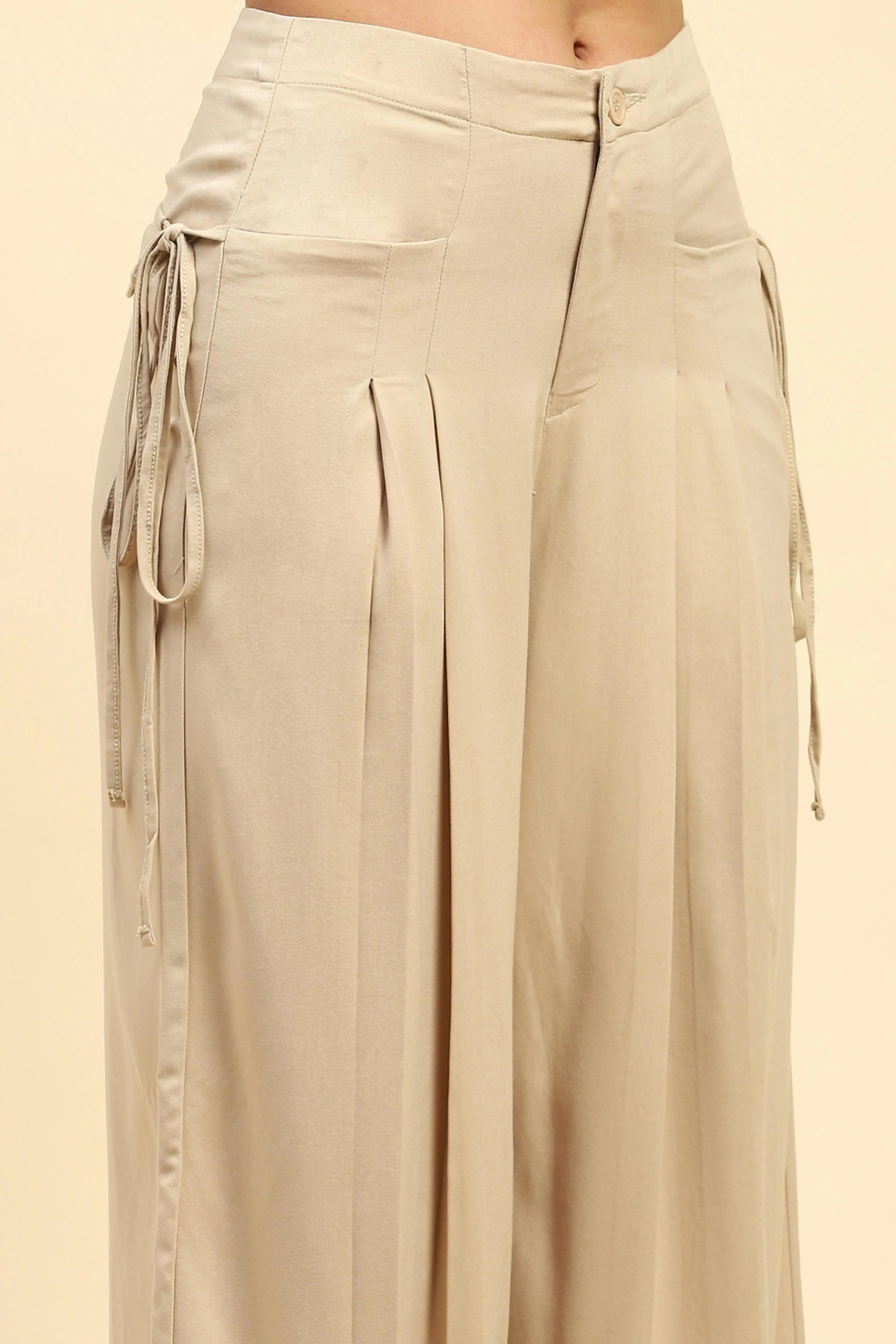 Beige Solid  Cotton Loose Fit Palazzo - Global Republic