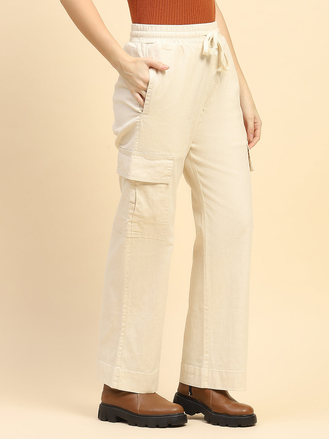 Natural Solid Cotton Blend Cargo Lower