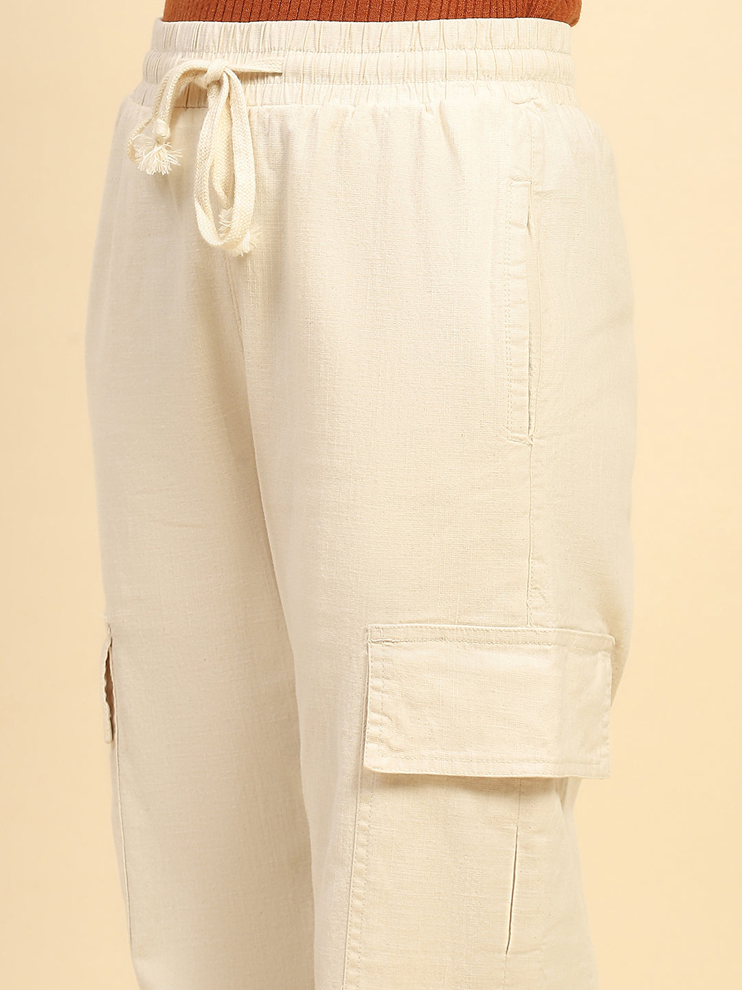 Natural Solid Cotton Blend Cargo Lower