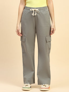Green Solid Cotton Blend Cargo Lower