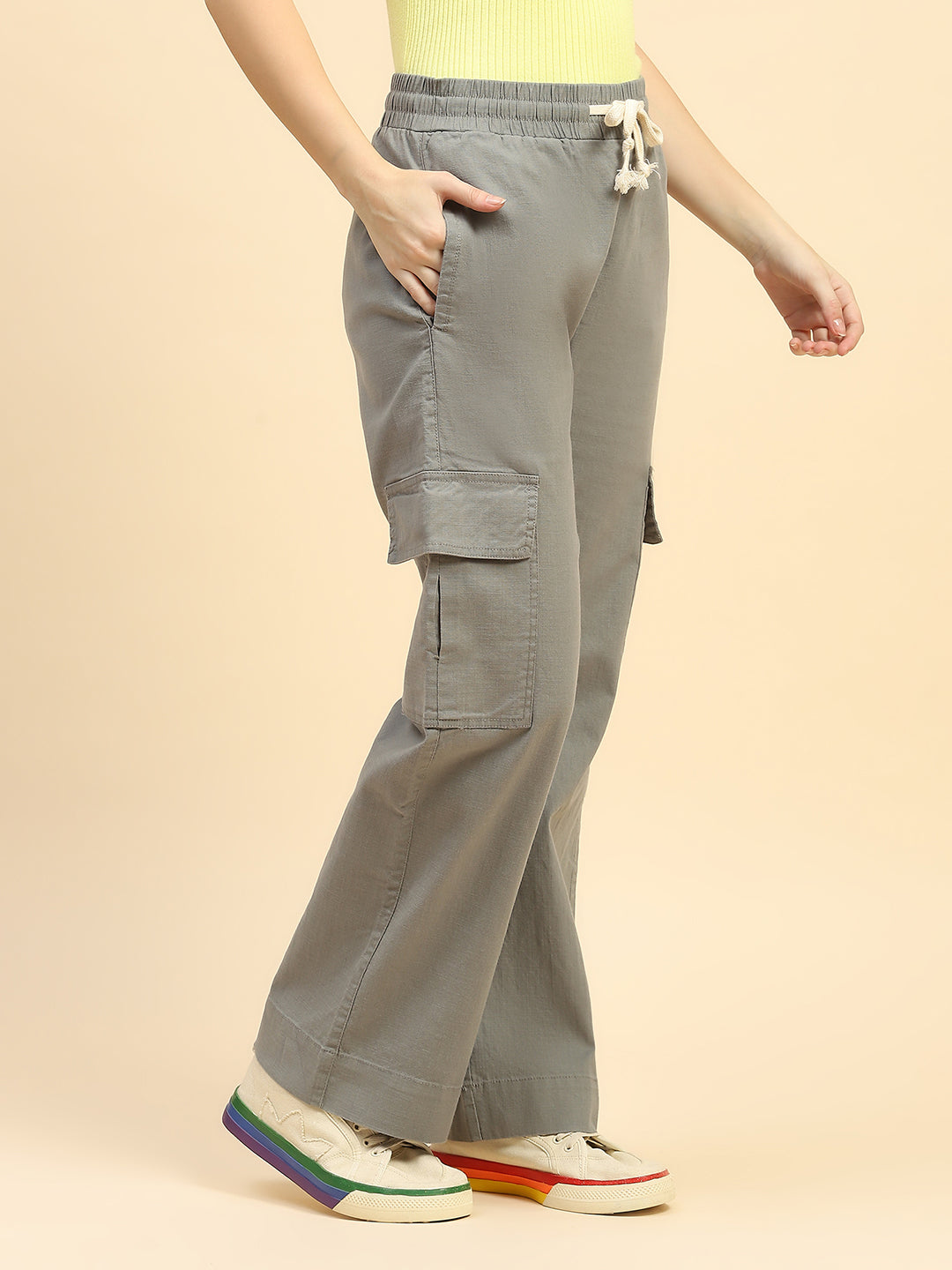 Green Solid Cotton Blend Cargo Lower