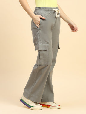 Green Solid Cotton Blend Cargo Lower