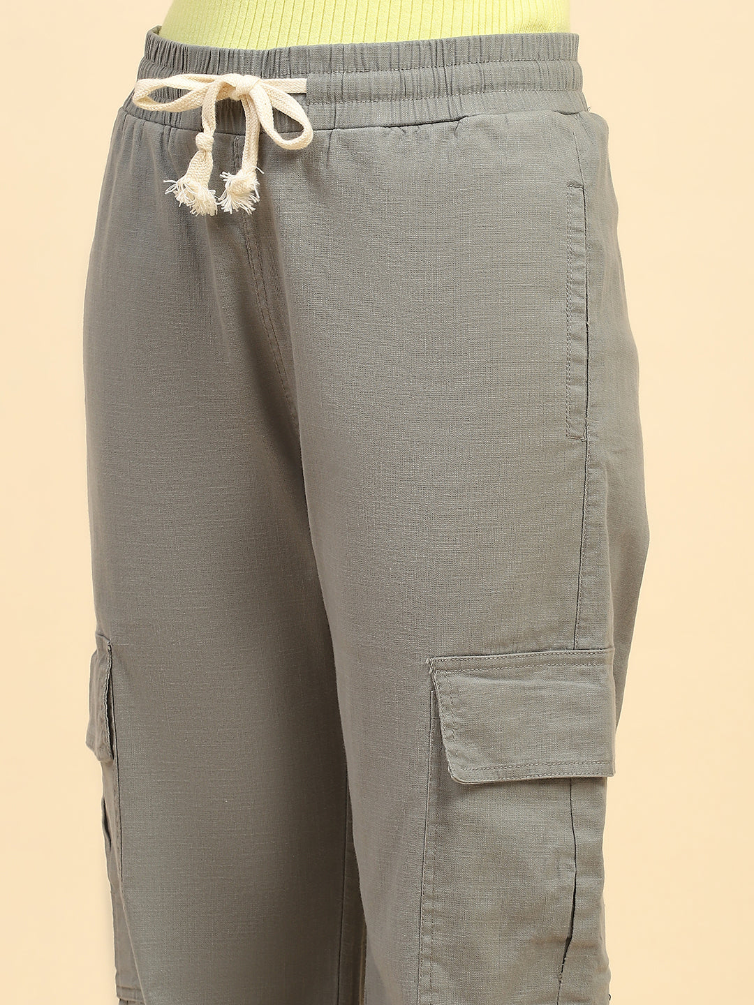 Green Solid Cotton Blend Cargo Lower