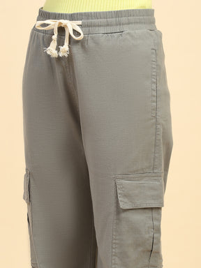 Green Solid Cotton Blend Cargo Lower
