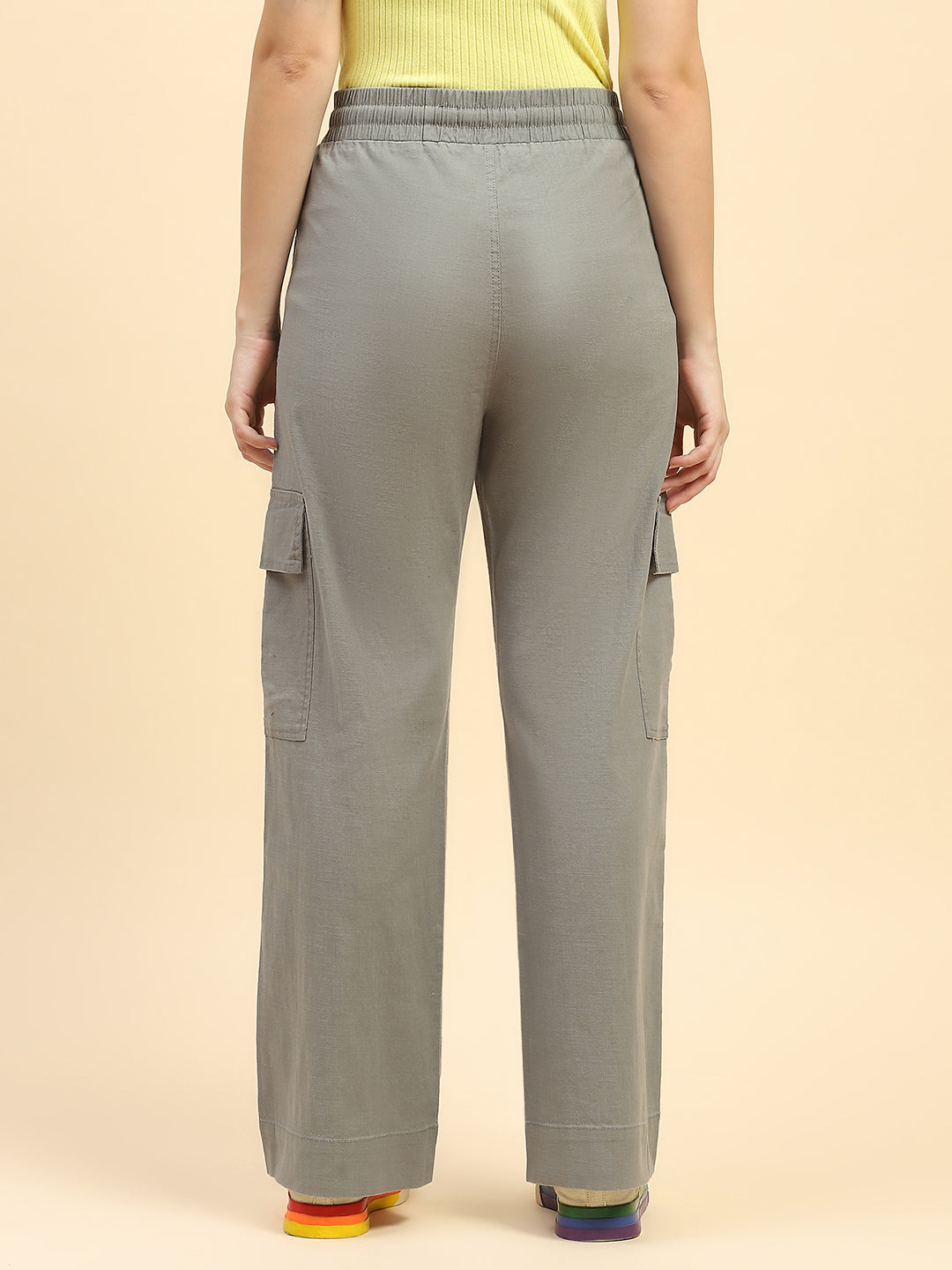 Green Solid Cotton Blend Cargo Lower