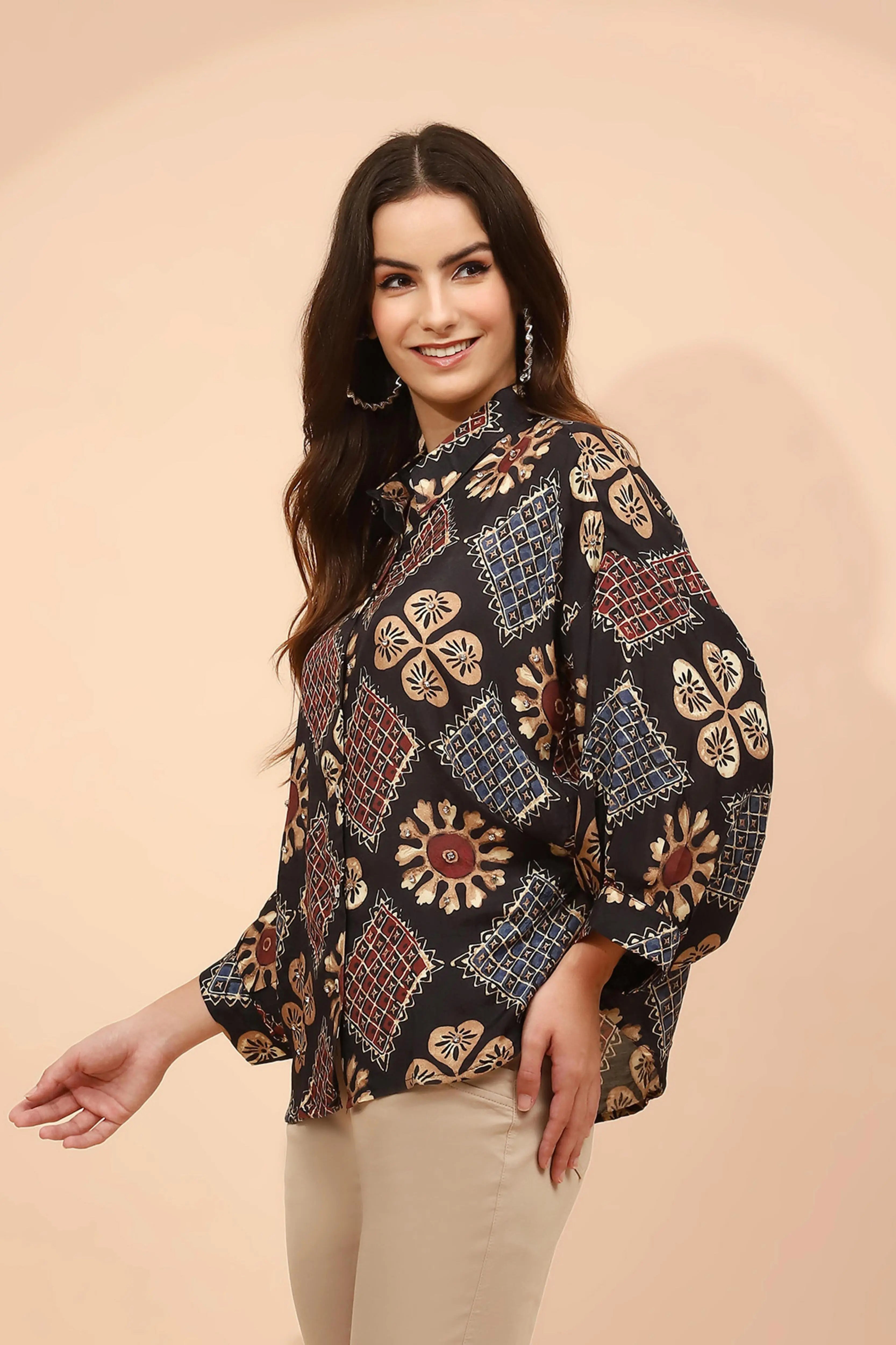 Black Printed Muslin Relaxed Fit Tunic - Global Republic