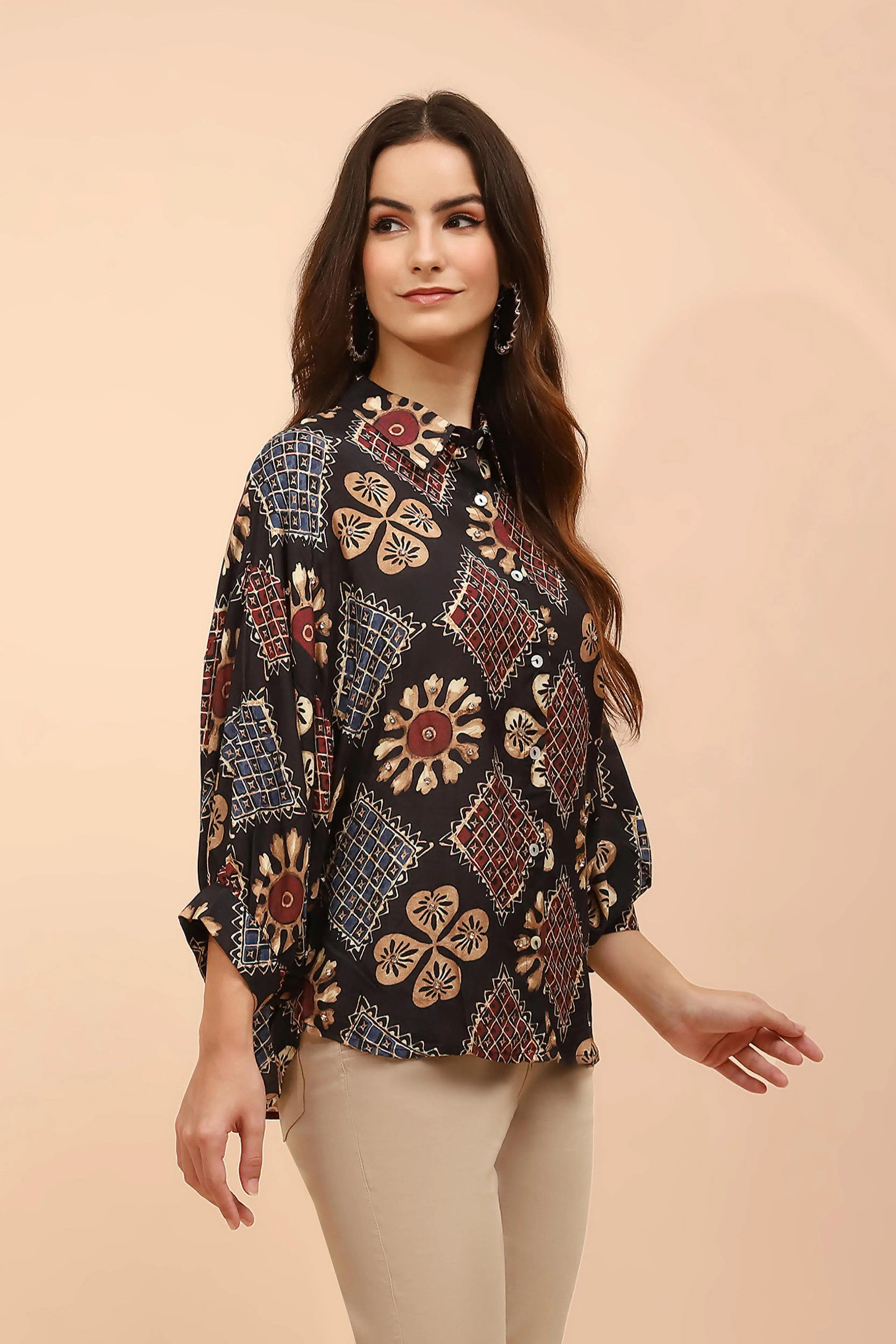 Black Printed Muslin Relaxed Fit Tunic - Global Republic