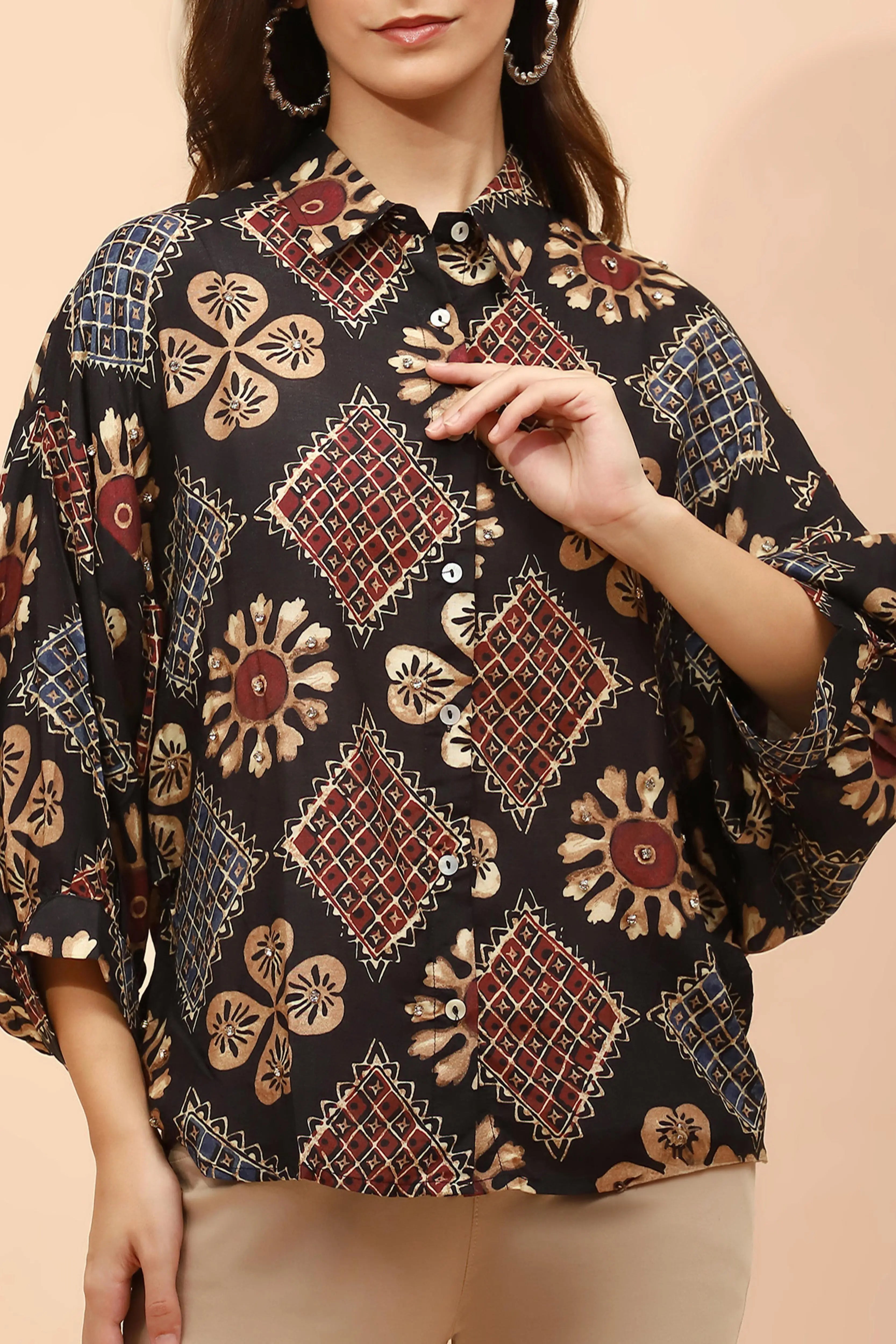 Black Printed Muslin Relaxed Fit Tunic - Global Republic