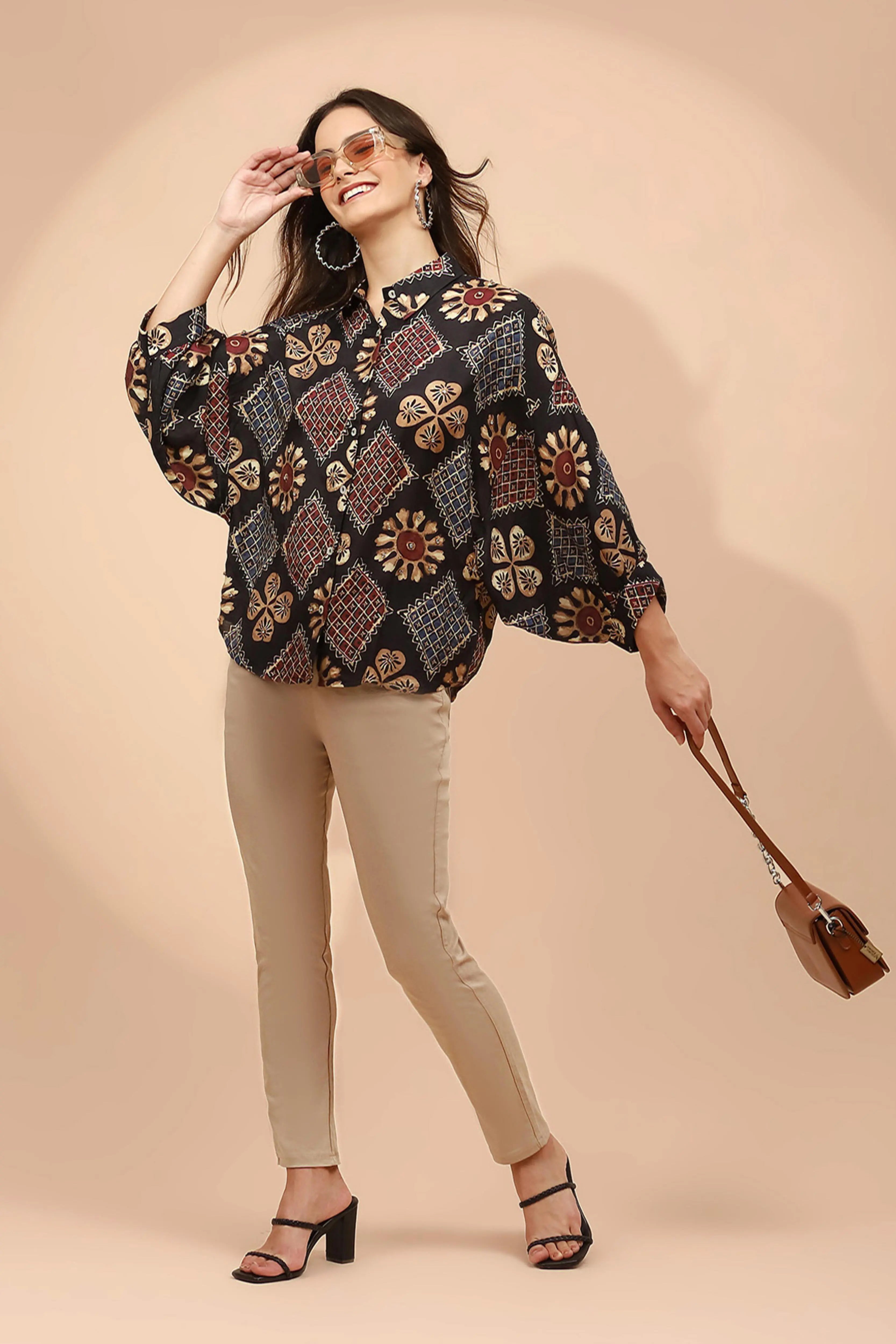 Black Printed Muslin Relaxed Fit Tunic - Global Republic