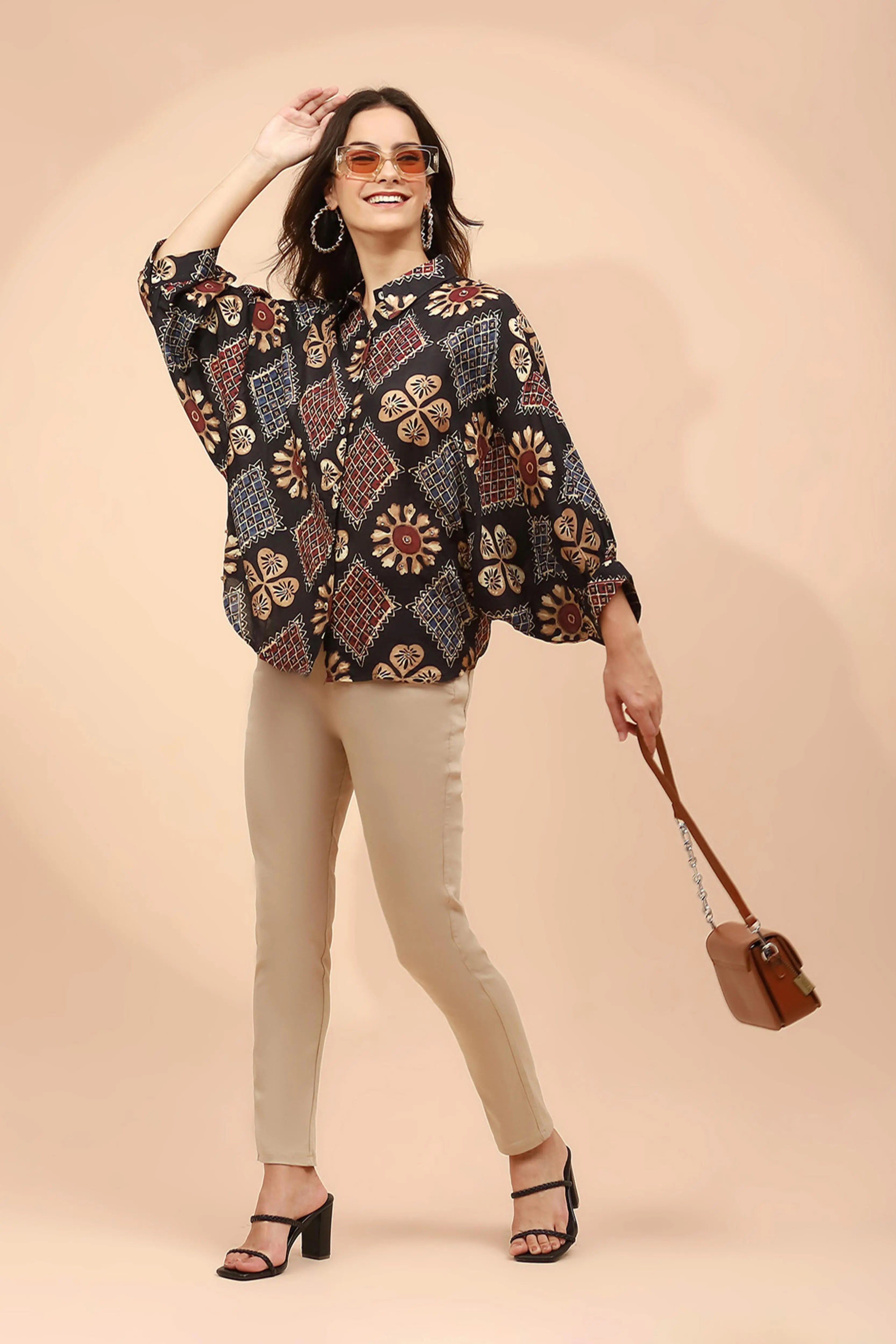 Black Printed Muslin Relaxed Fit Tunic - Global Republic